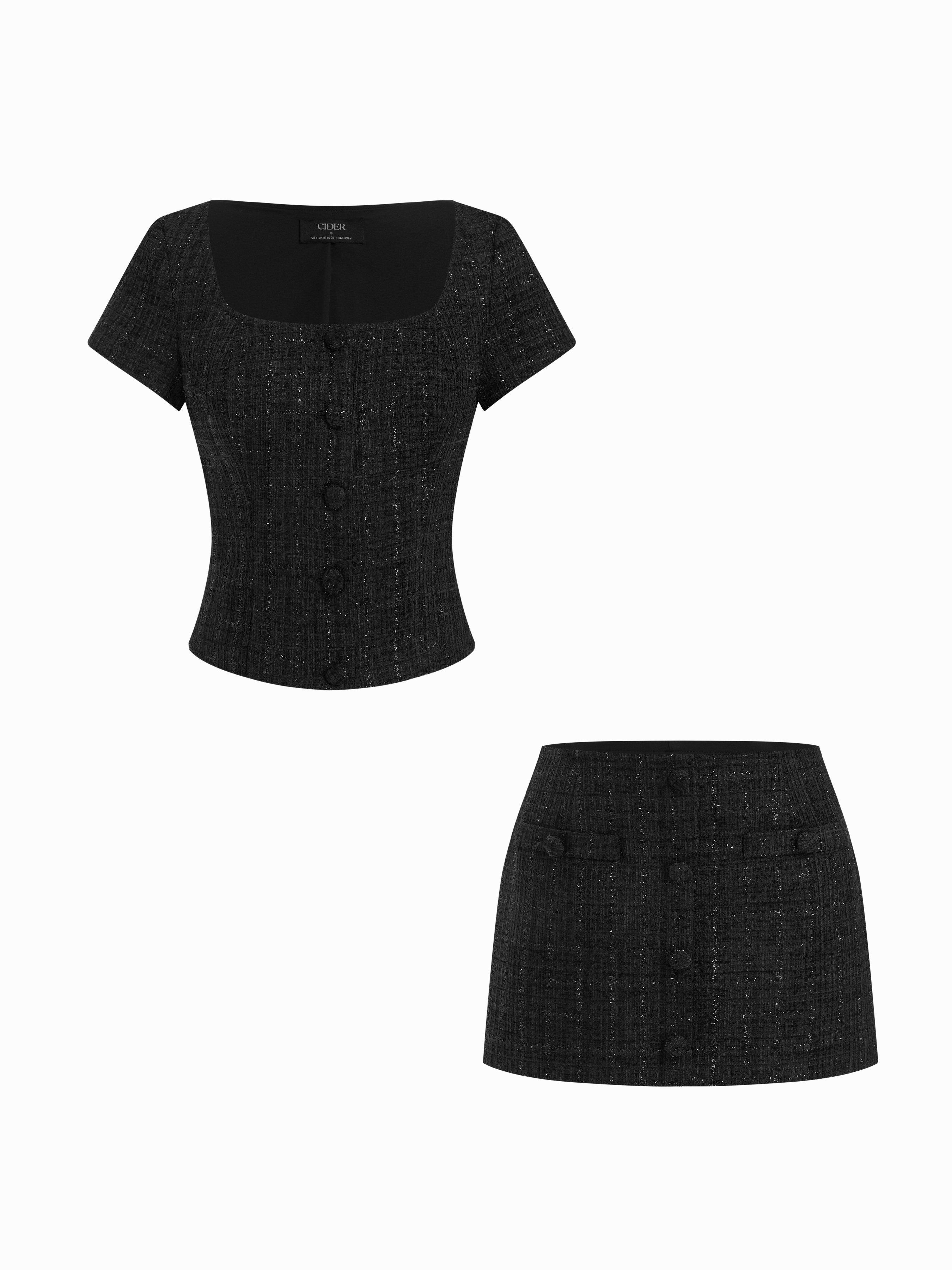 Tweed Square Neck Checks Top & Mid Rise Mini Skirt Set by CIDER
