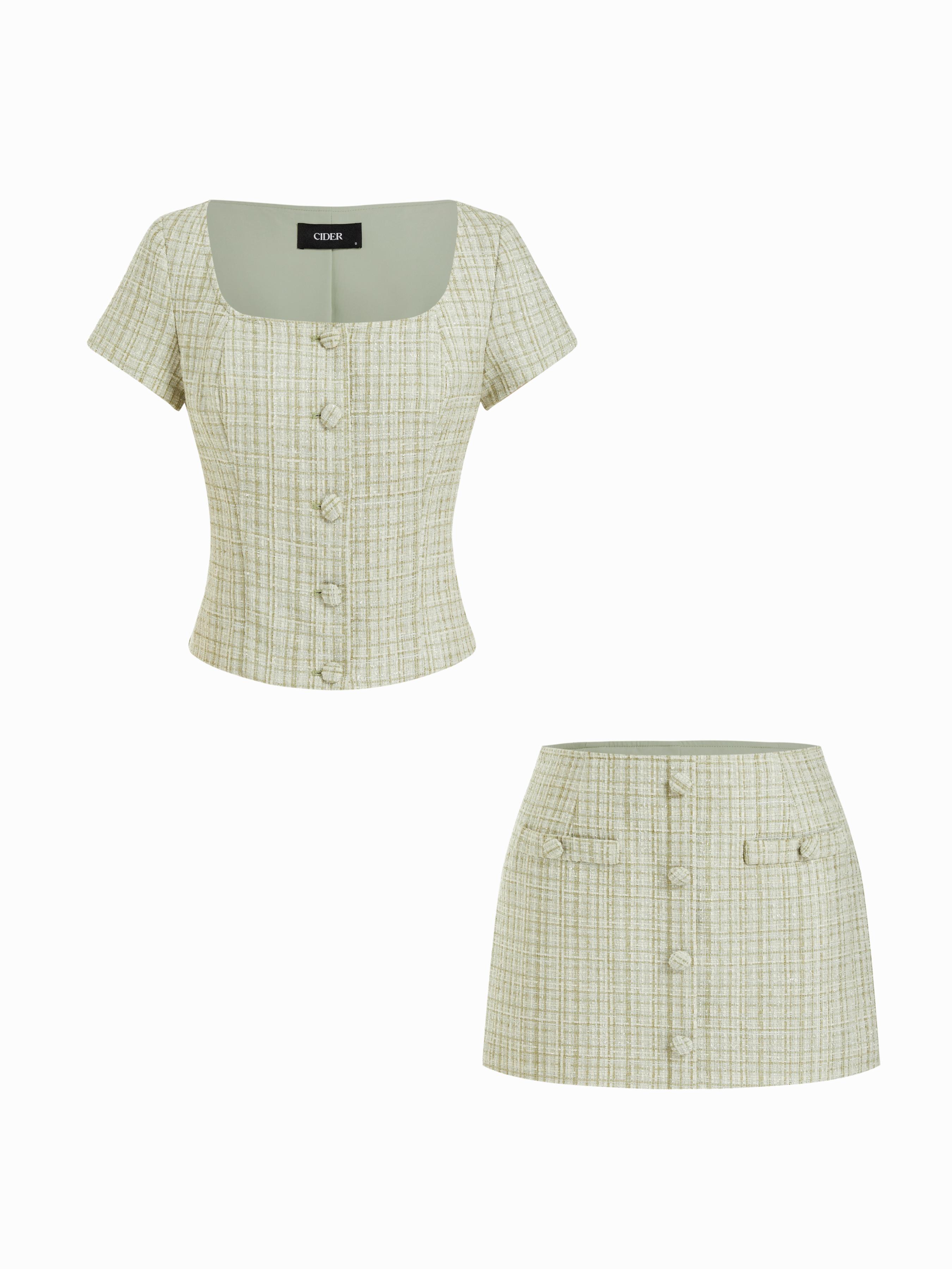 Tweed Square Neck Checks Top & Mid Rise Mini Skirt Set by CIDER