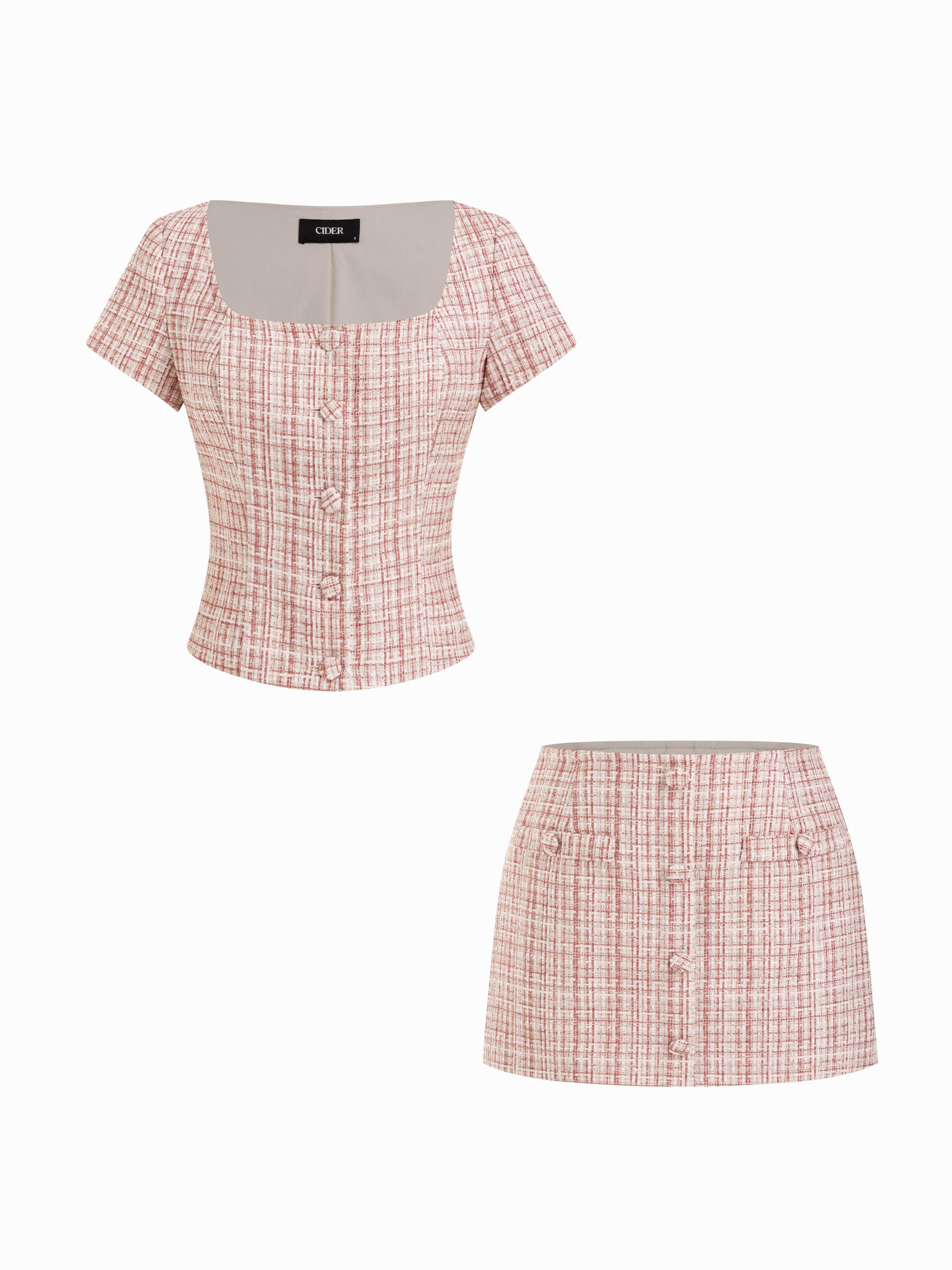 Tweed Square Neck Checks Top & Mid Rise Mini Skirt Set by CIDER