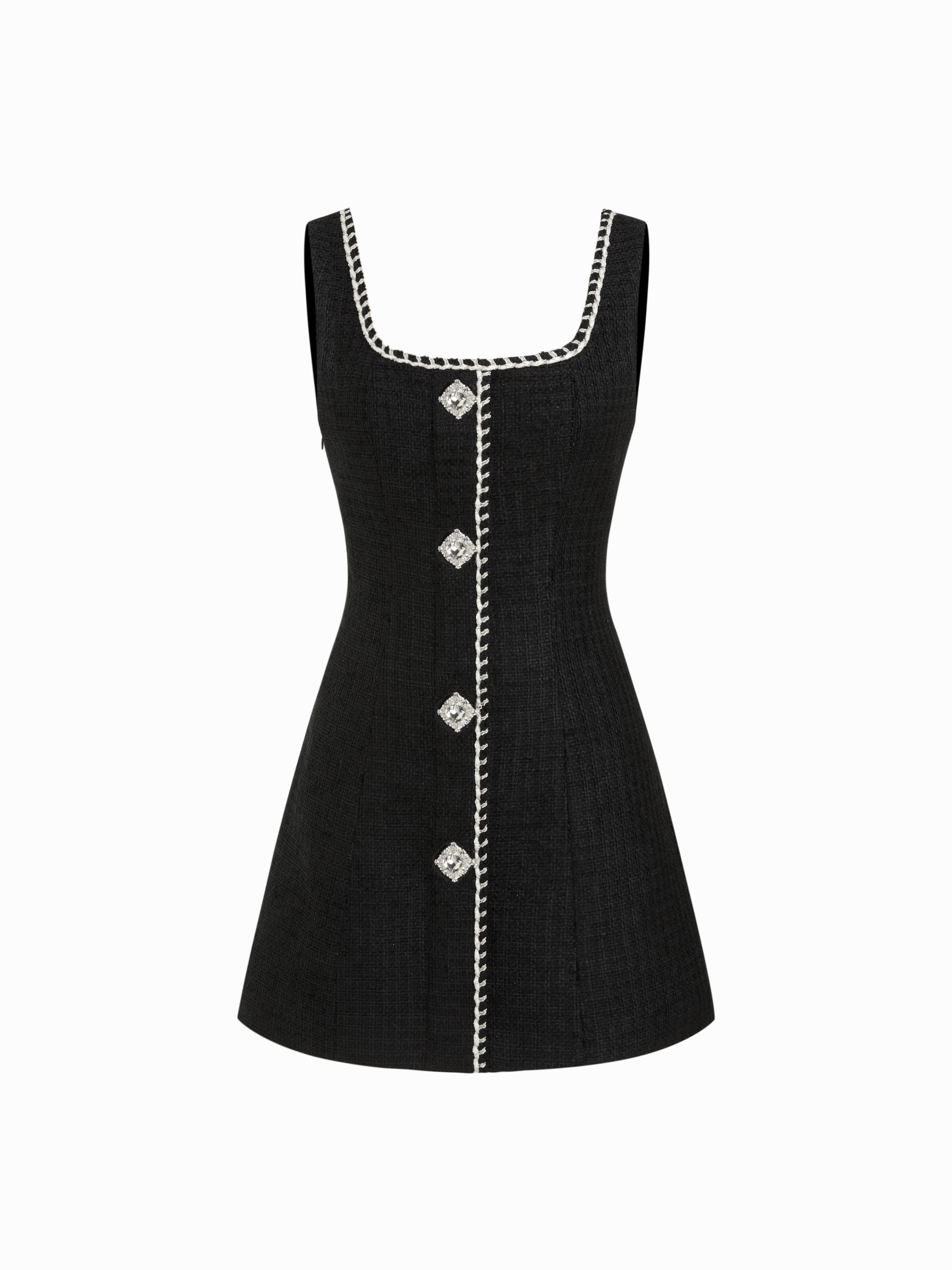 Tweed U-neckline Rhinestone Button A-line Mini Dress by CIDER