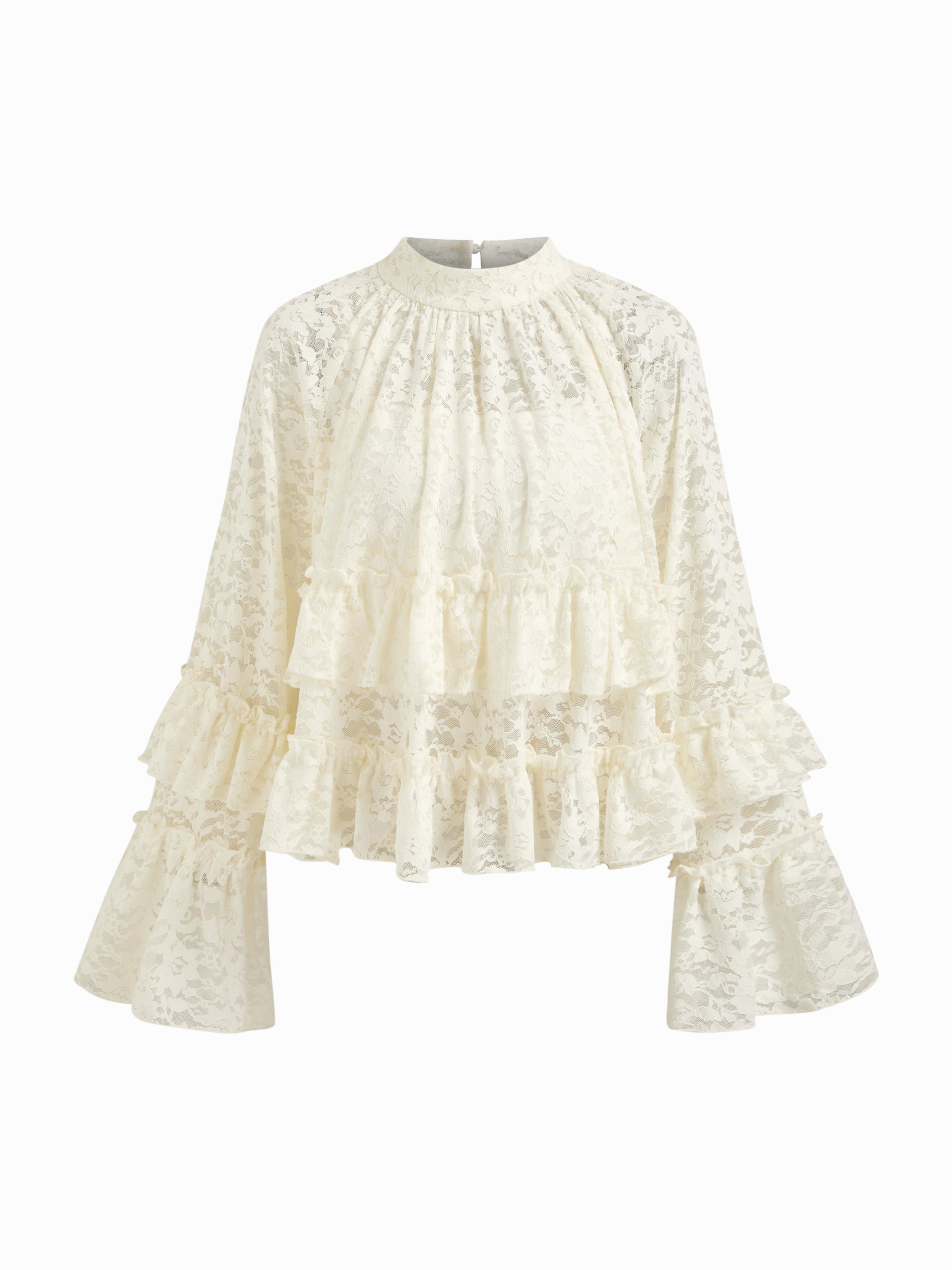 Two Piece Lace Floral Stand Collar Flare Sleeve Ruffle Blouse With Cami Top by CIDER