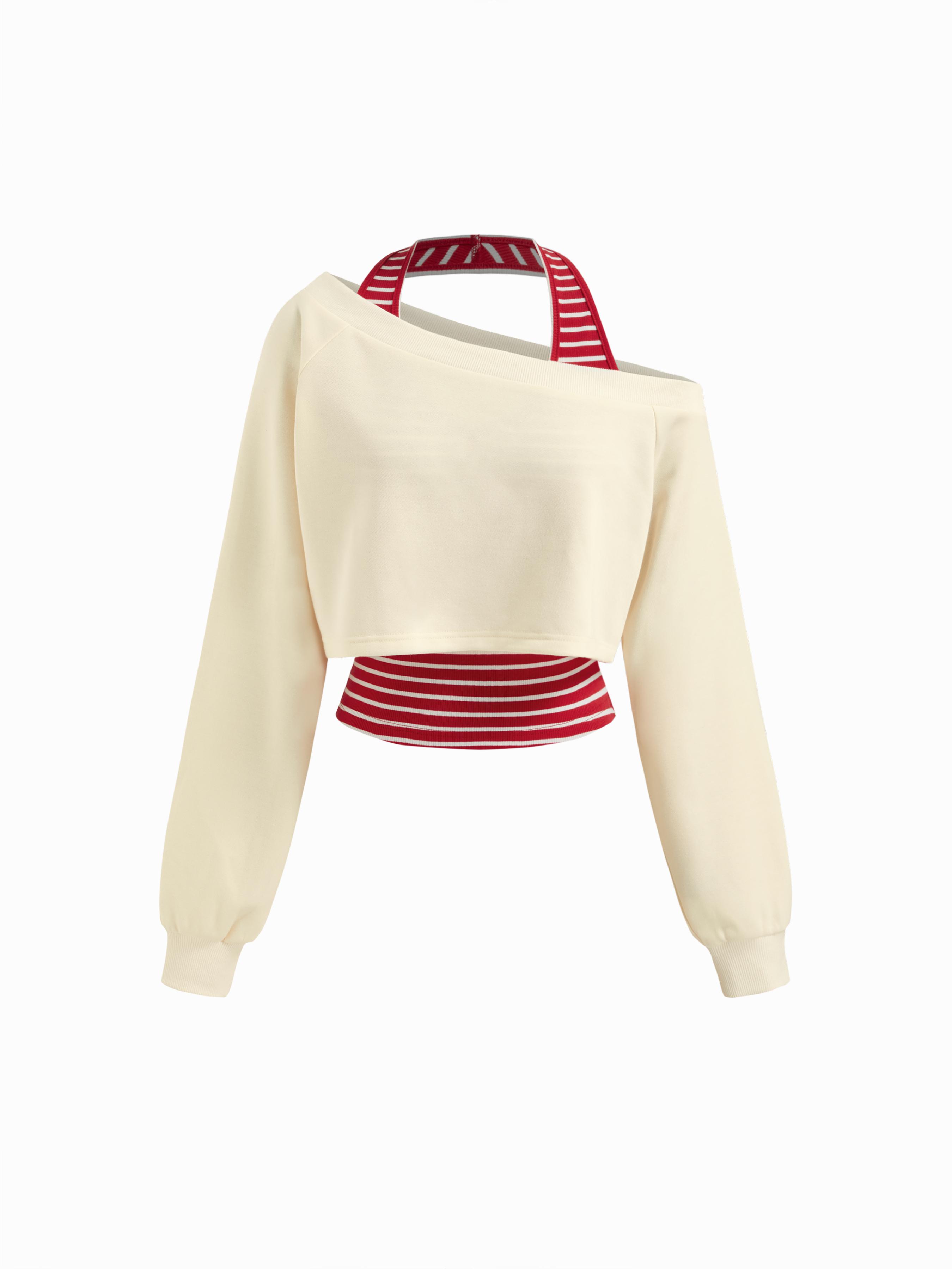 Two Piece Terry Asymmetrical Neck Crop Sweatshirt With Striped Tank Top by CIDER