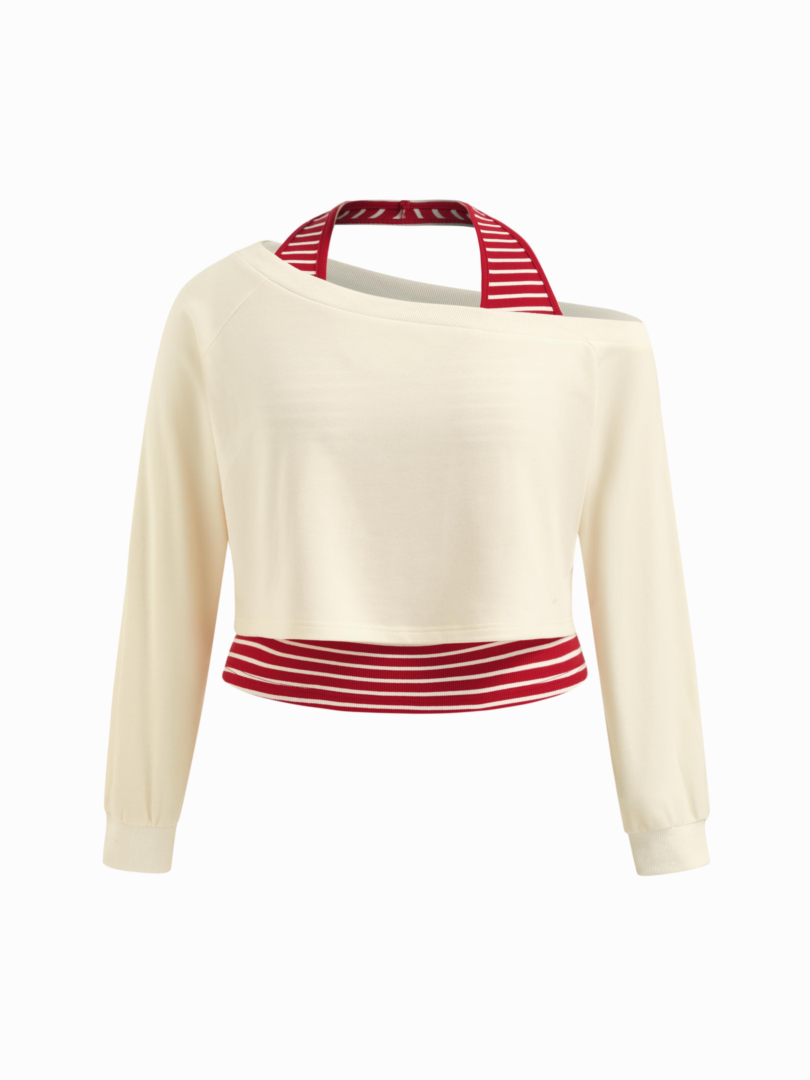 Two Piece Terry Asymmetrical Neck Crop Sweatshirt With Striped Tank Top Curve & Plus by CIDER