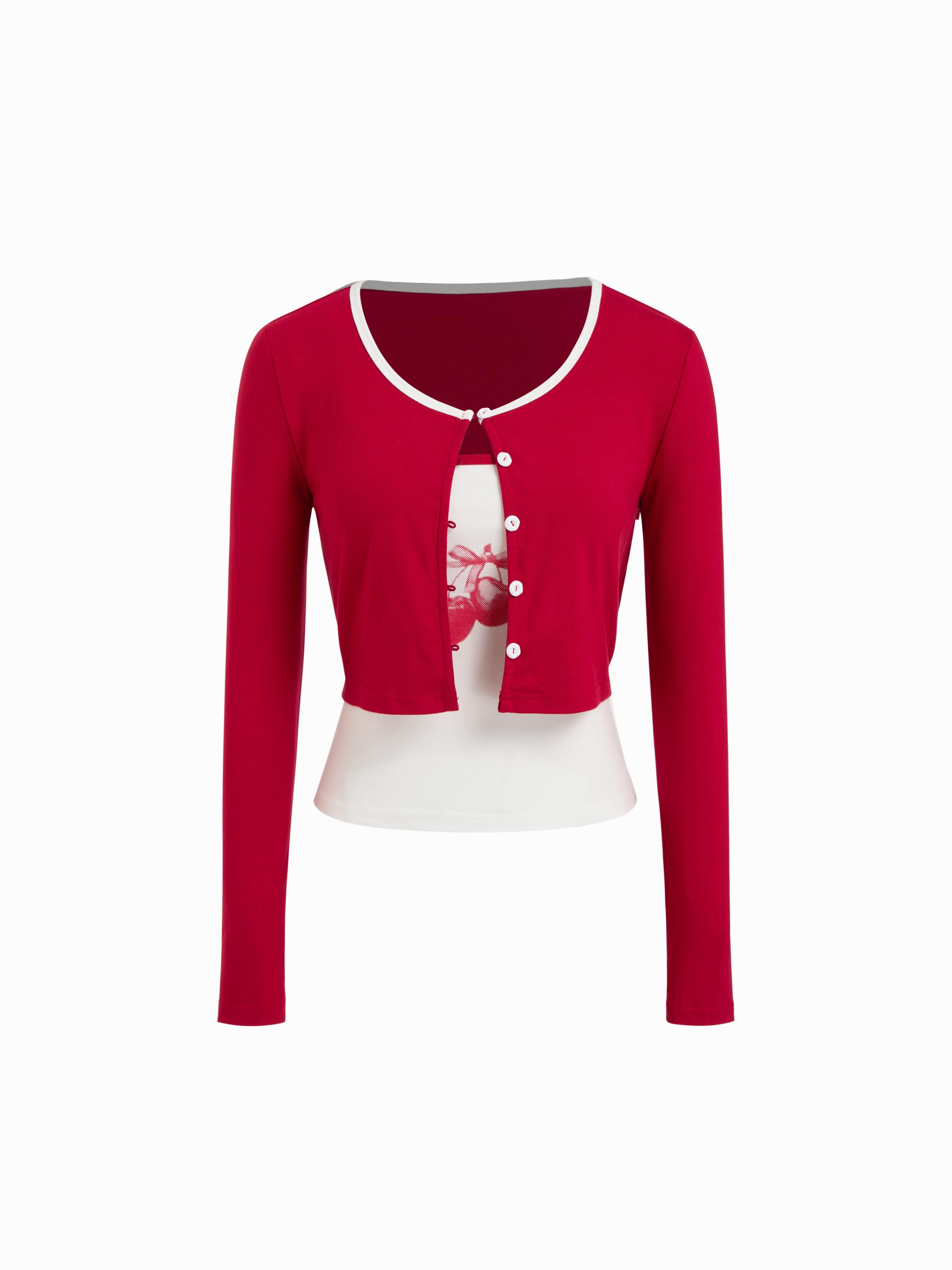 Two Pieces Contrasting Binding Cardigan With Cherry Graphic Cami Top Set by CIDER