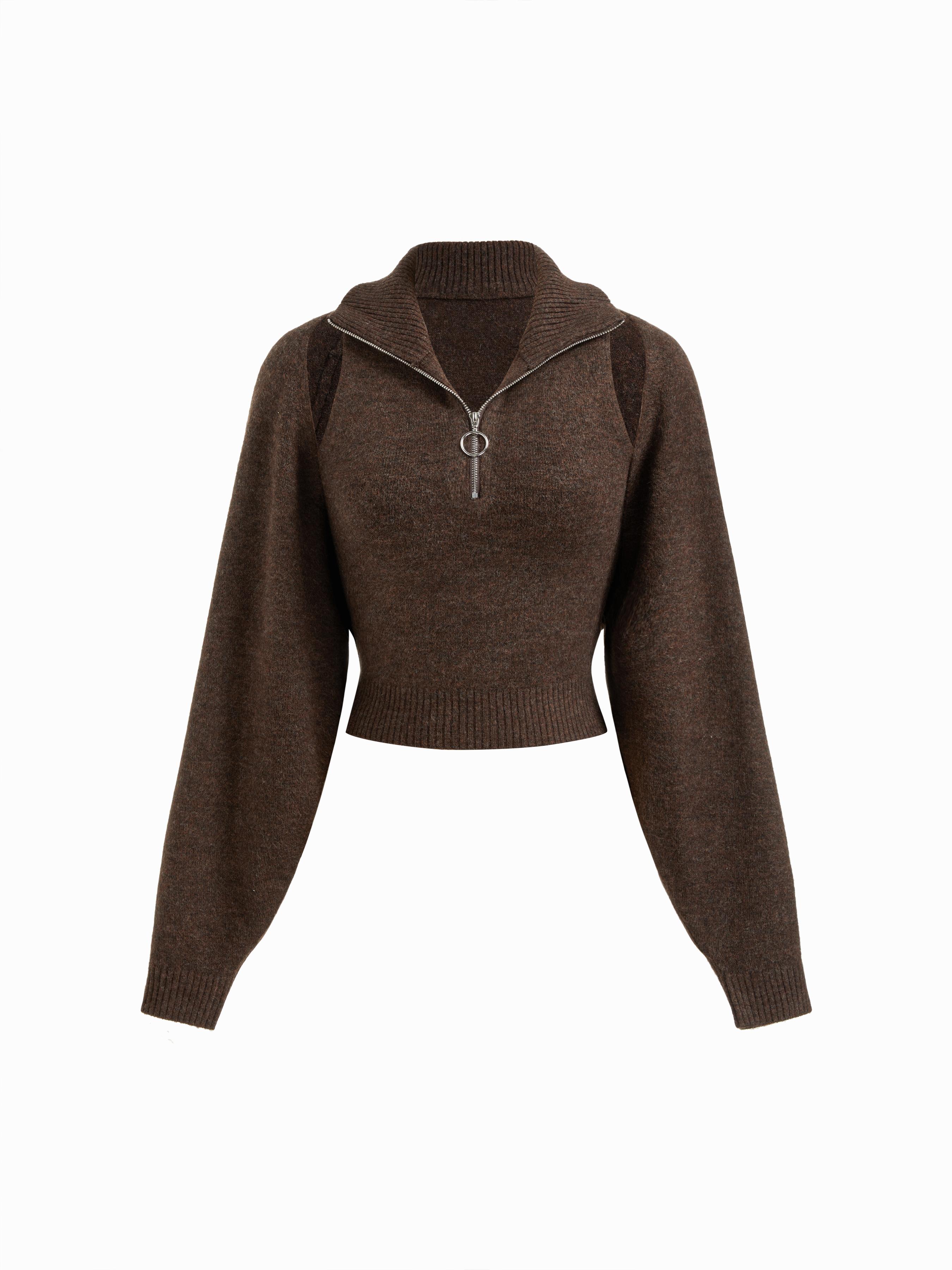 Two Pieces Knit Collar Half Zip Tank Top & Crop Shrug by CIDER