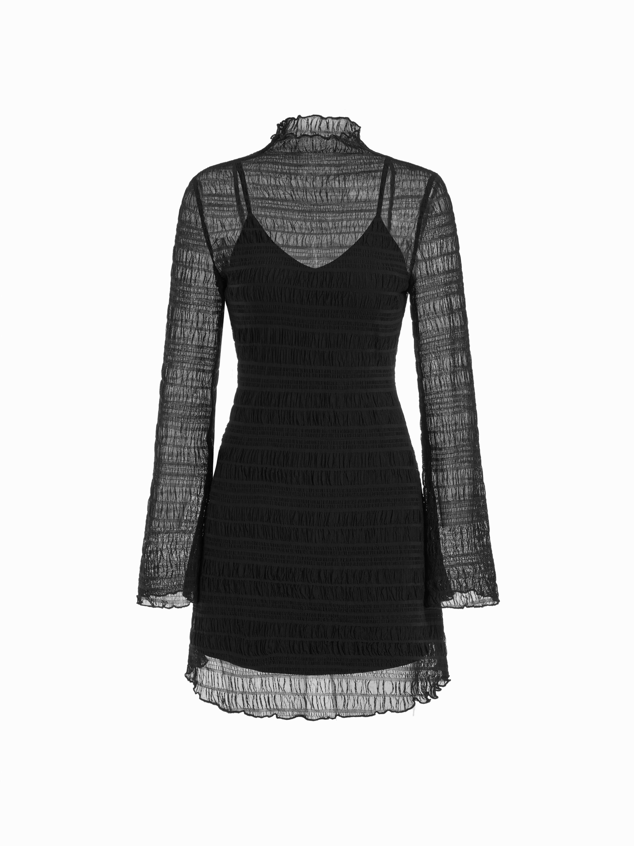 Two Pieces Mesh High Neck Shirred Ruffle Hem Mini Dress & Solid Cami Dress by CIDER