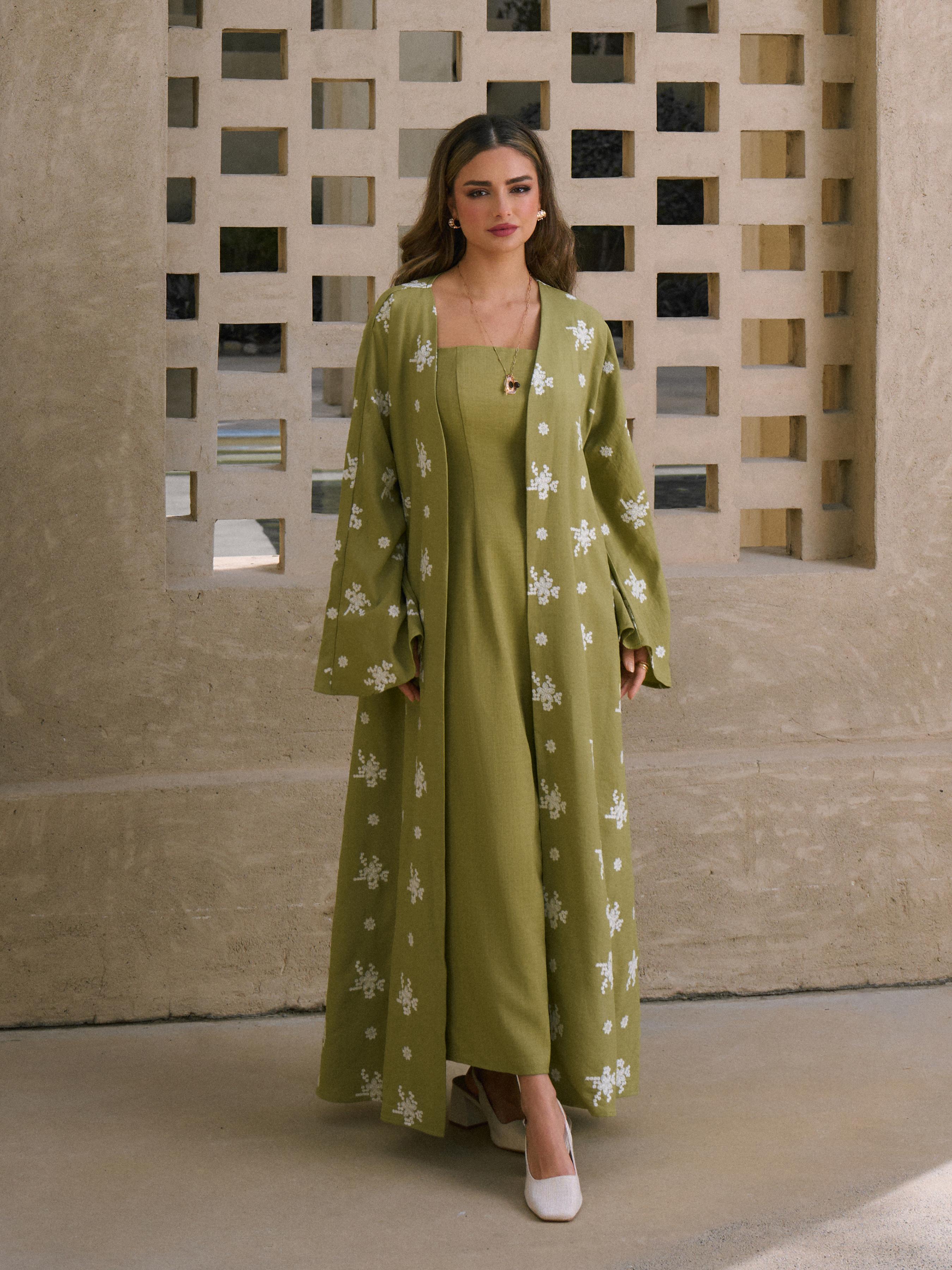 Two Pieces Square Neck Maxi Dress & Floral Embroidery Bell Sleeve Open-front layer by CIDER