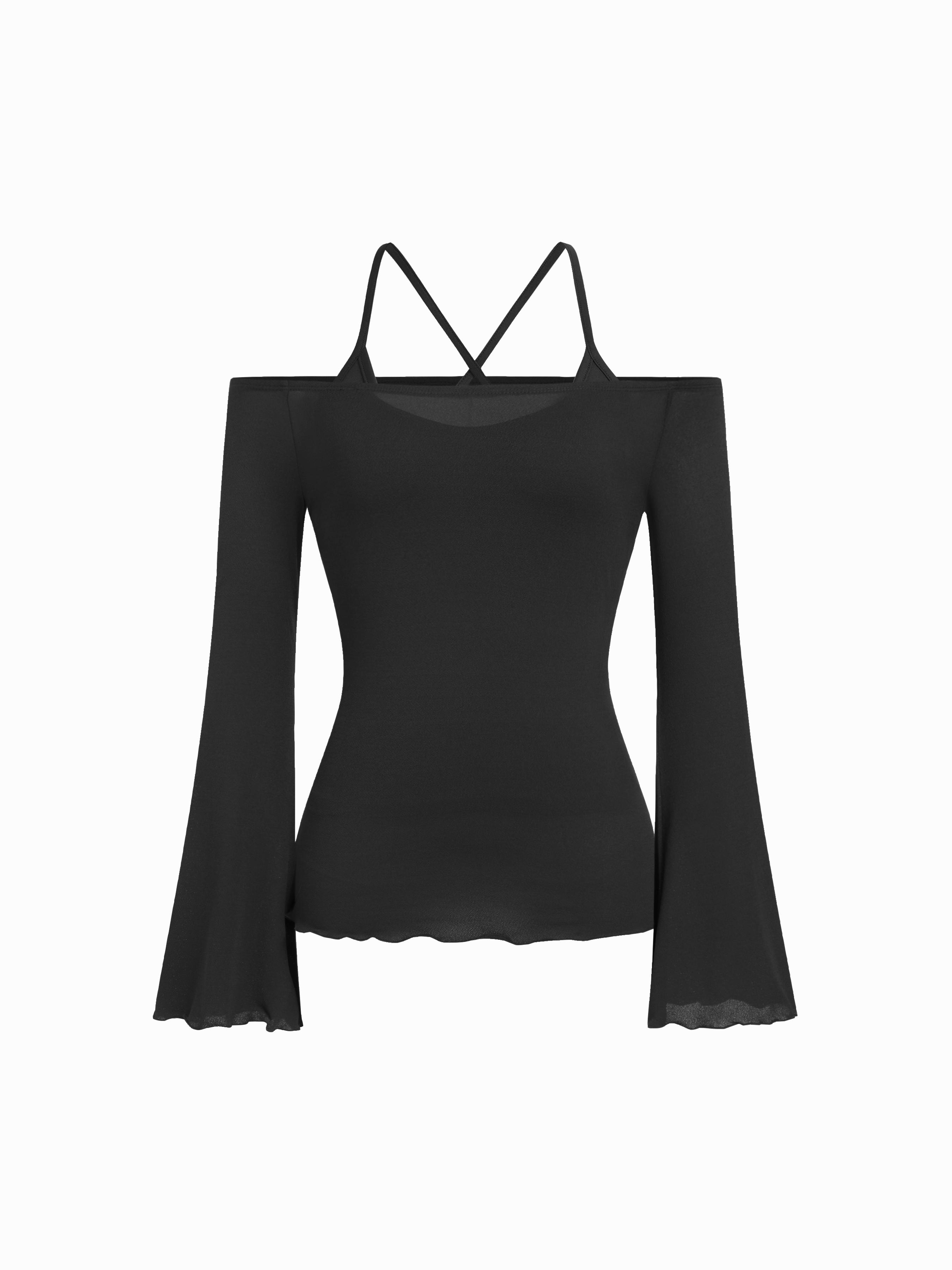 Two Pieces Textured Off-shoulder Bell Sleeve Ruffled Top & Cami Top by CIDER