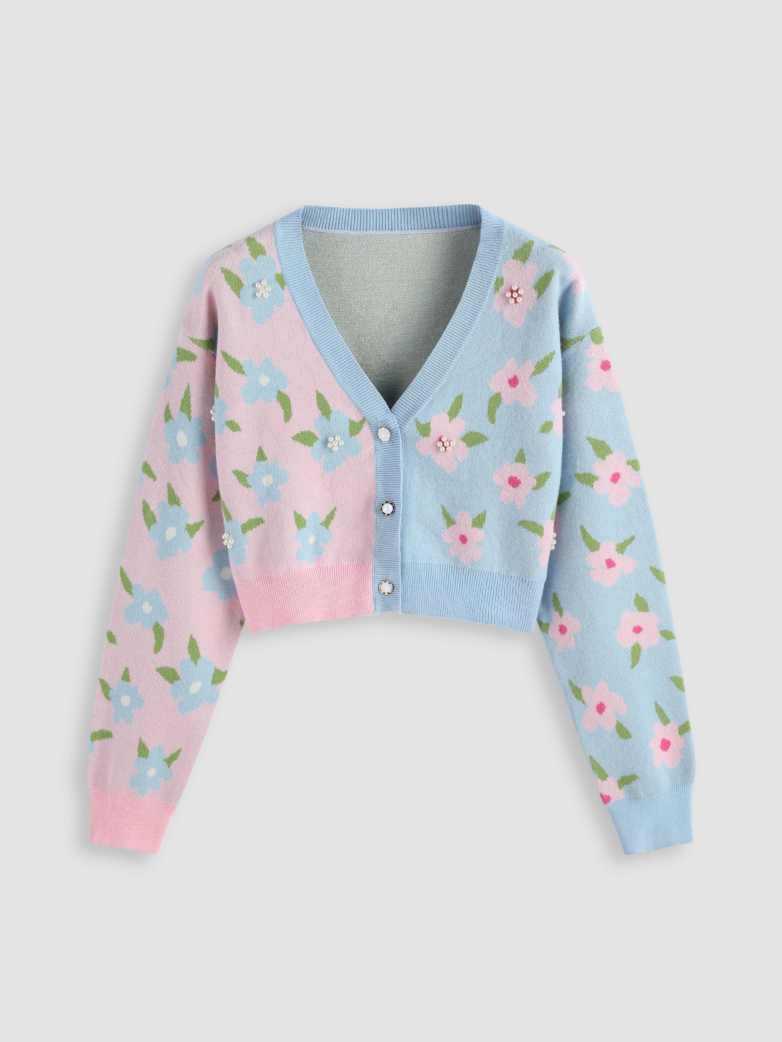 Two Tone Button Up Floral Faux Pearl Crop Cardigan by CIDER