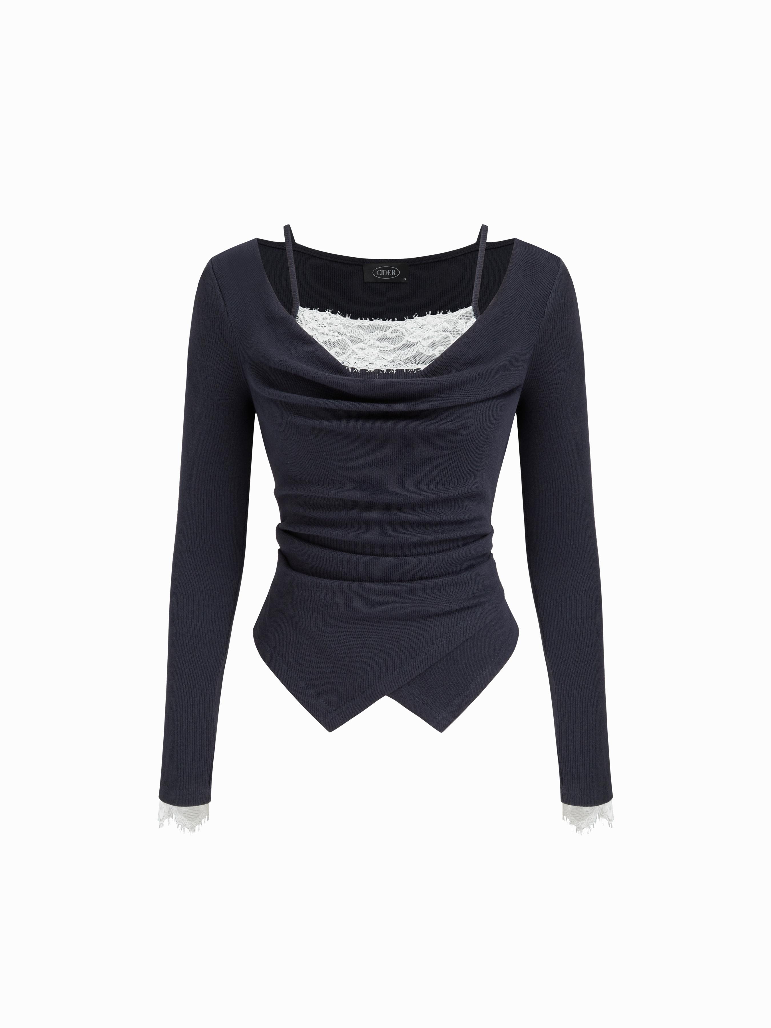 Two-Tone Cowl Neck Lace Asymmetrical Hem Top by CIDER