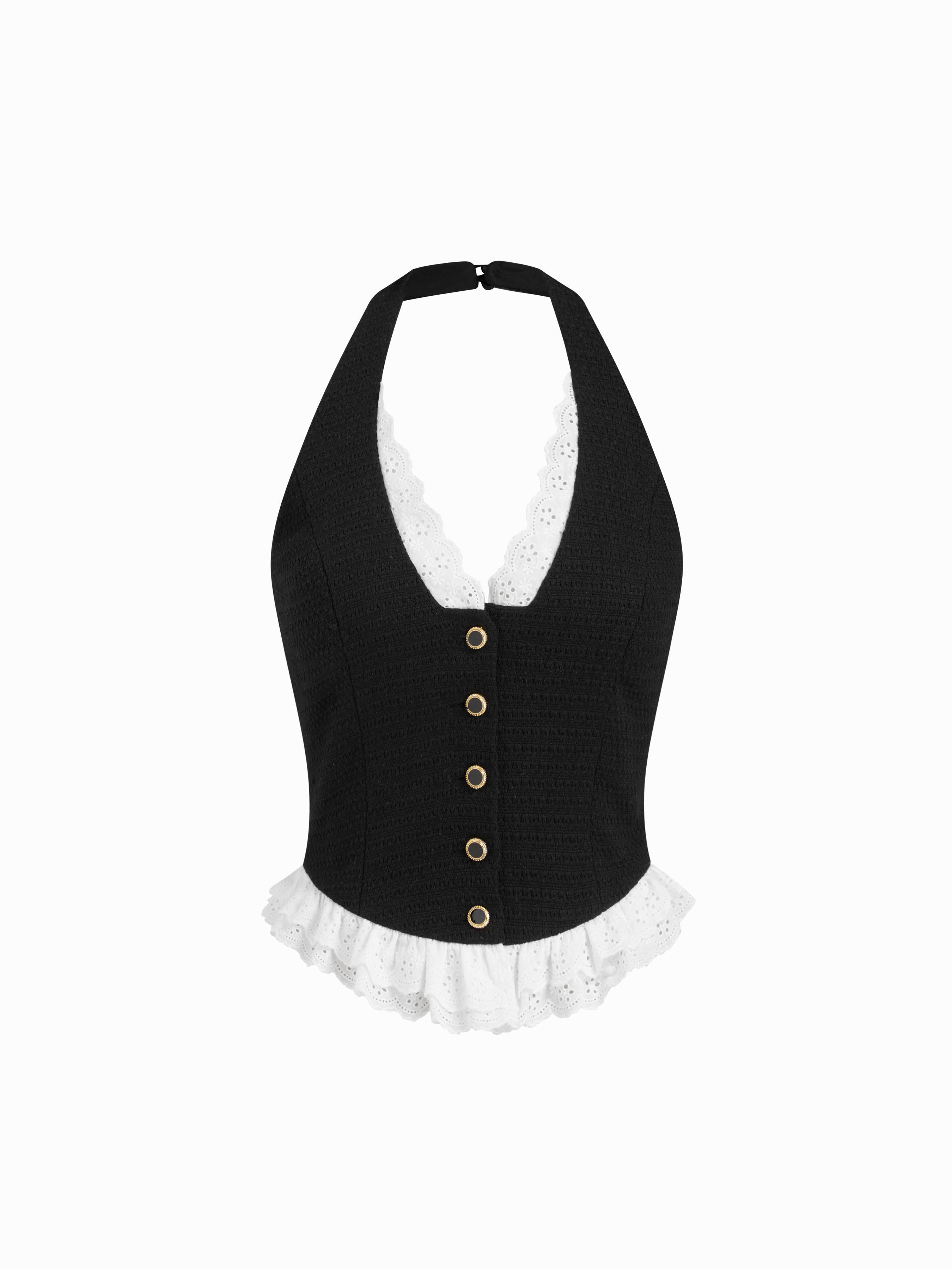 Two Tone Halter Neckline  Broderie Anglaise Metal Detail Button Top by CIDER