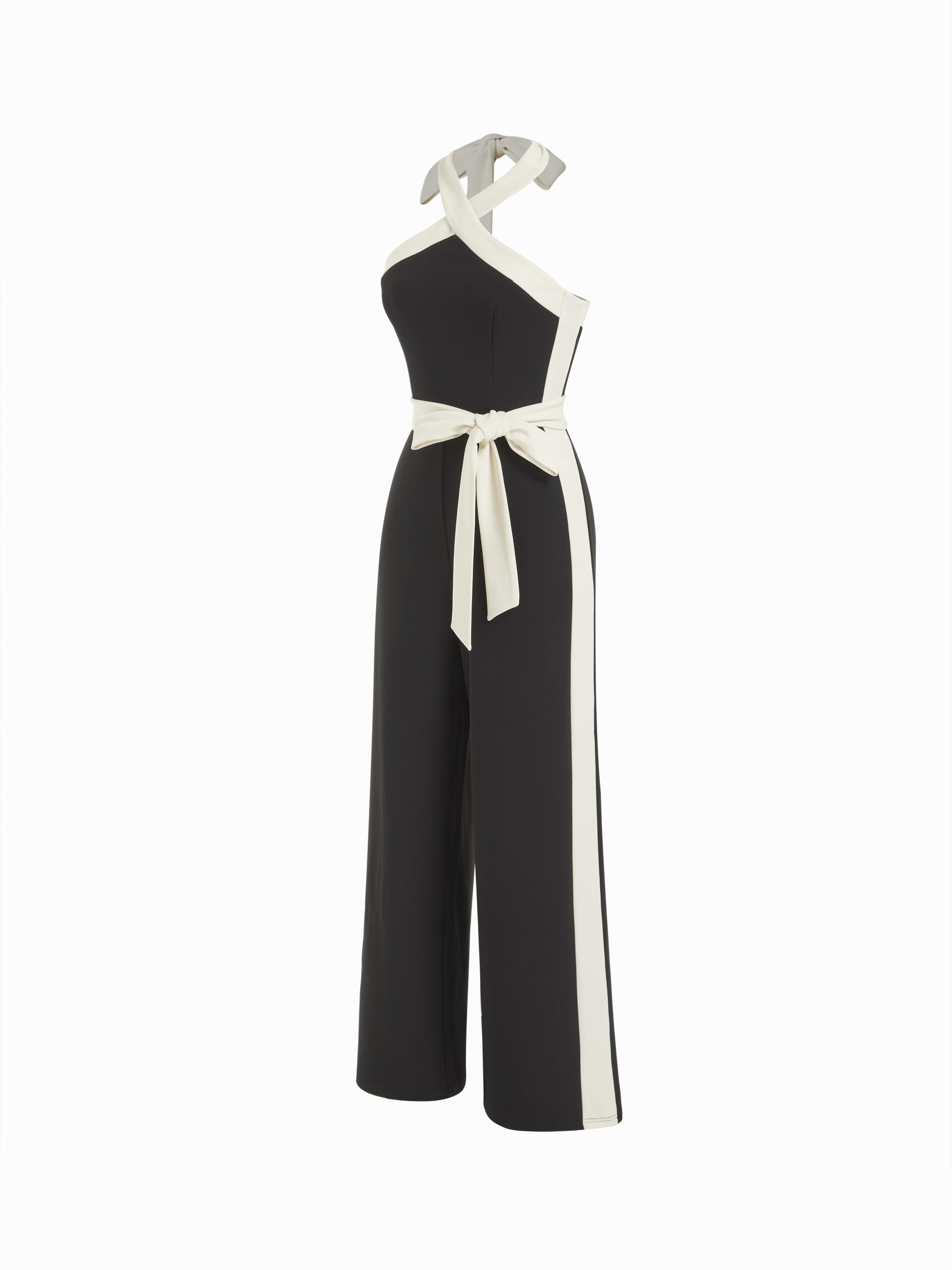 Two Tone Halter Neckline Wide Leg Jumpsuit With Belt by CIDER