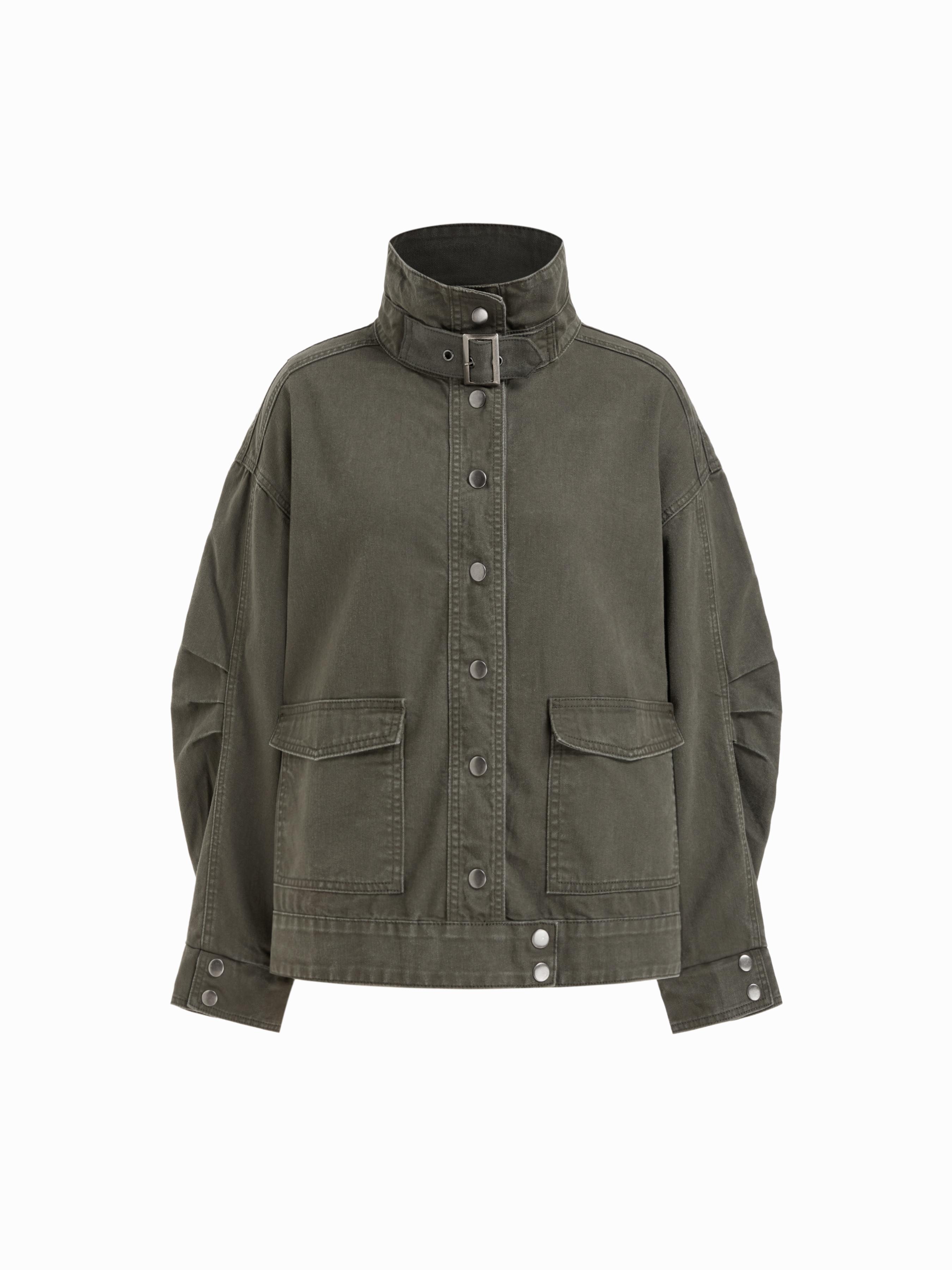 Two Way Denim Funnel Neck Belted Pleated Oversized Jacket by CIDER