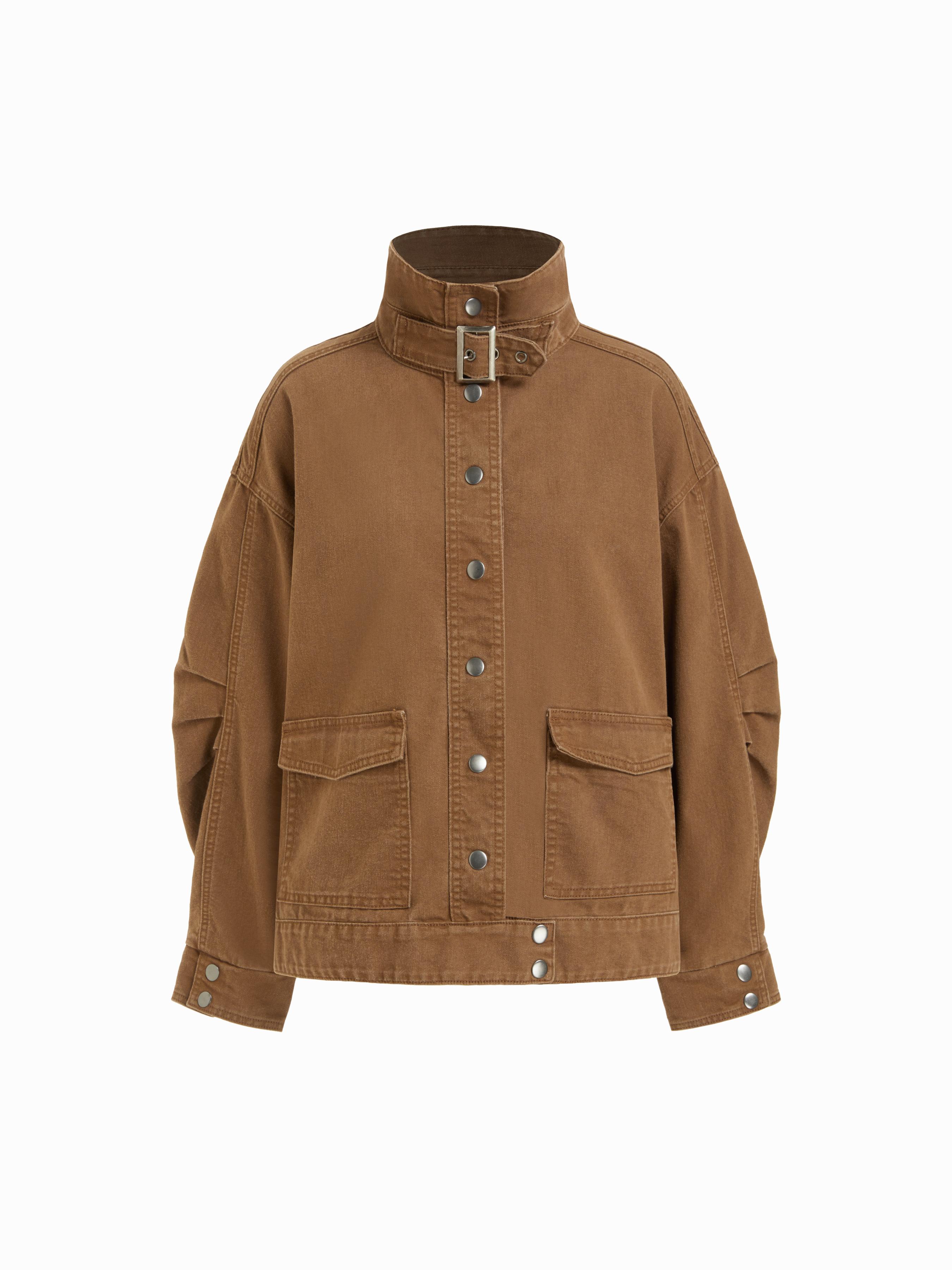 Two Way Denim Funnel Neck Belted Pleated Oversized Jacket by CIDER