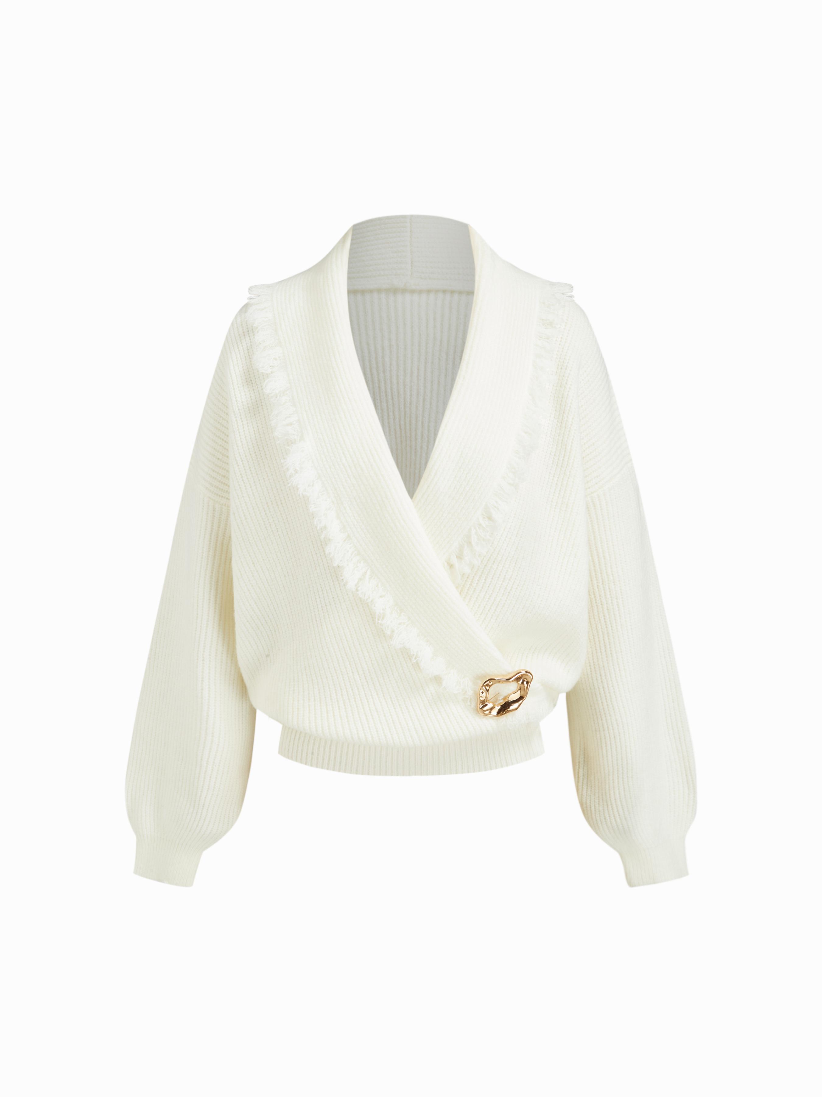 Two Way Knit Woo-blend Collar Fringe Metal Detail Oversized Top by CIDER