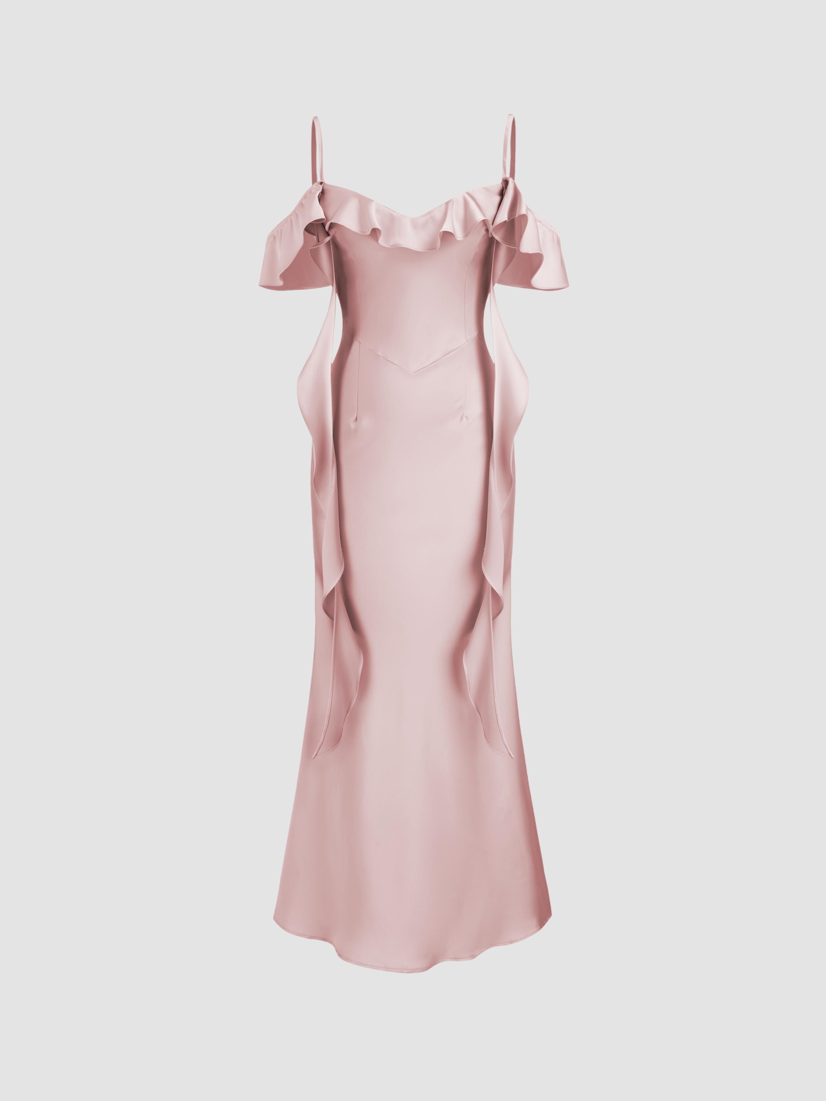 Two Way Satin V-neck Backless Ruffle Hem Maxi Dress by CIDER