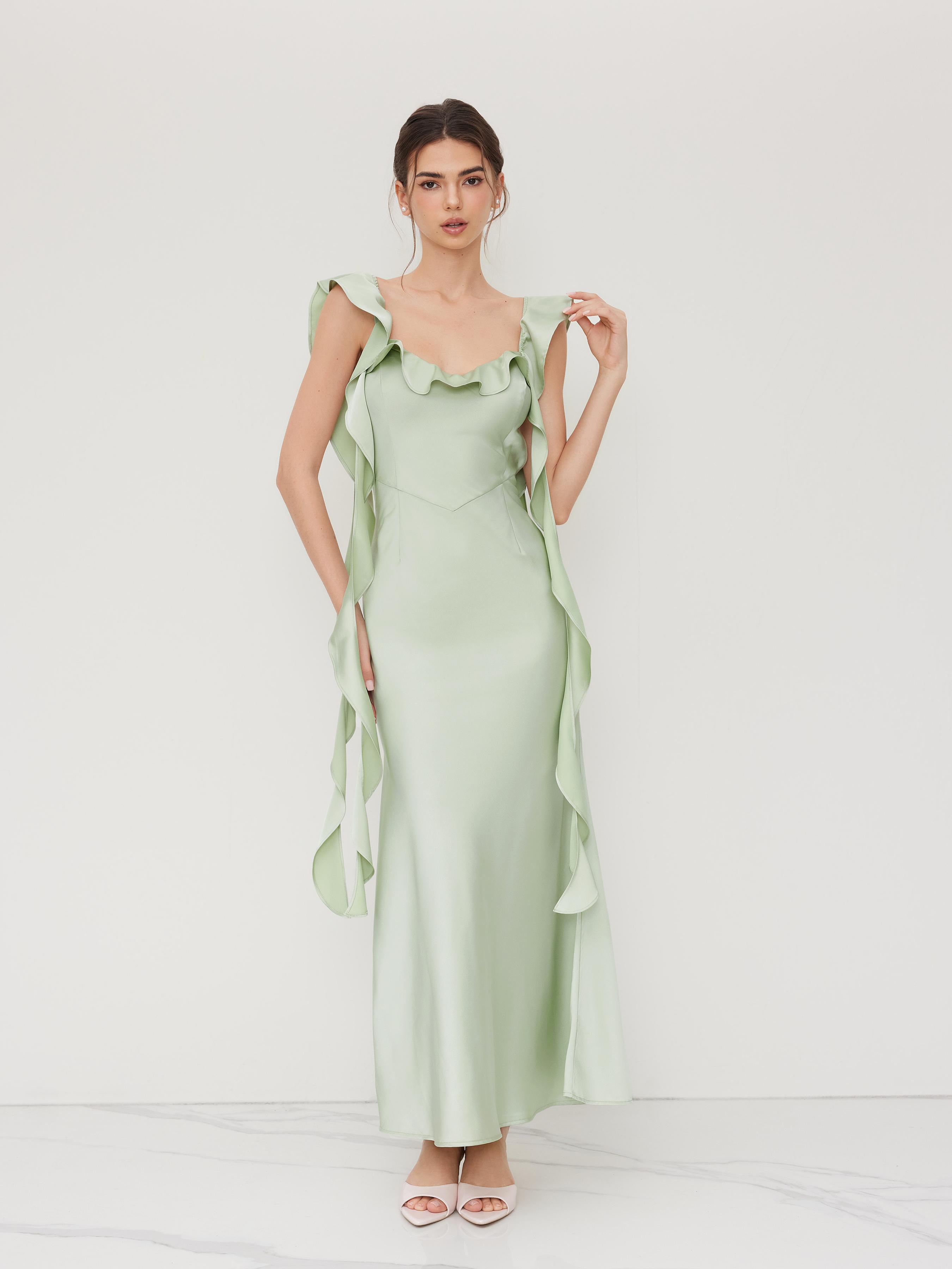 Two Way Satin V-neck Backless Ruffle Hem Maxi Dress by CIDER
