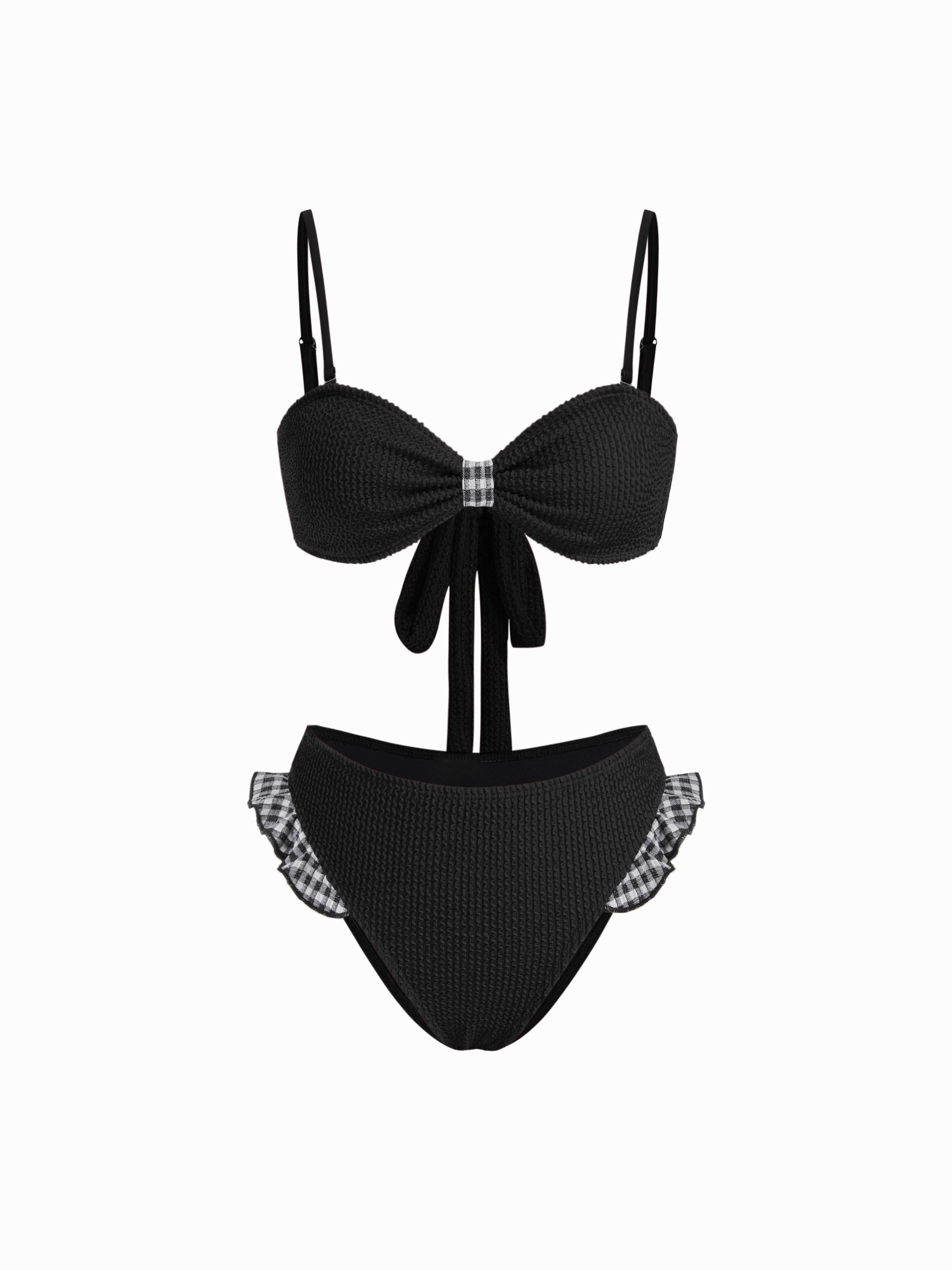 Two Way Smocked Bow Detail Sweetheart Bandeau Bikini Set by CIDER