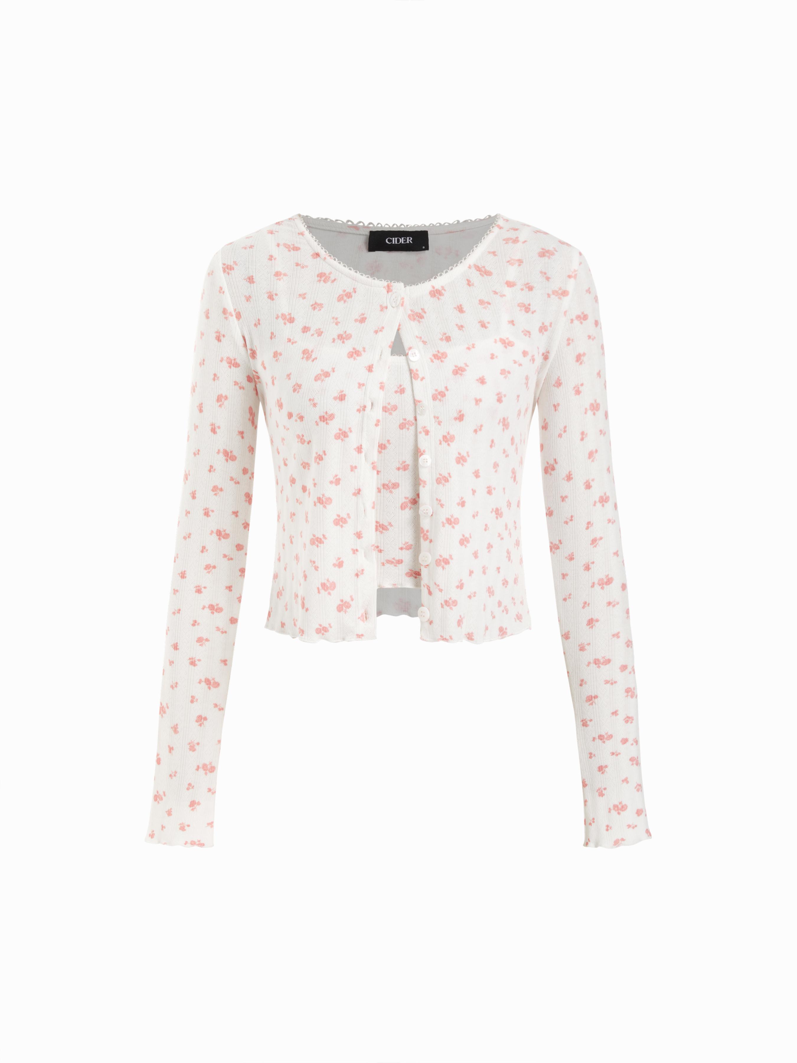 Two-piece Jacquard Floral Round Neck Cardigan & Floral Cami Top by CIDER
