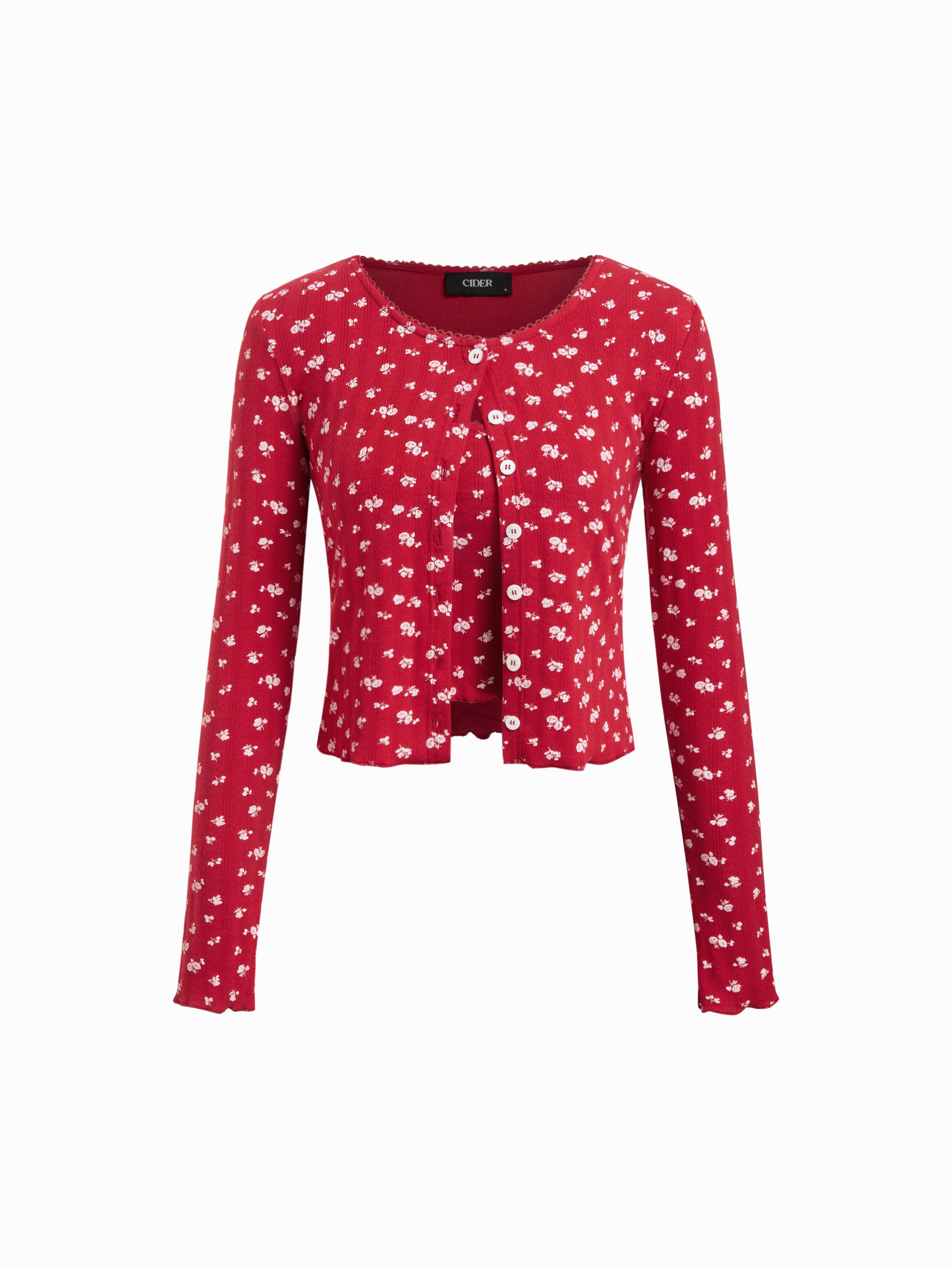 Two-piece Jacquard Floral Round Neck Cardigan & Floral Cami Top by CIDER