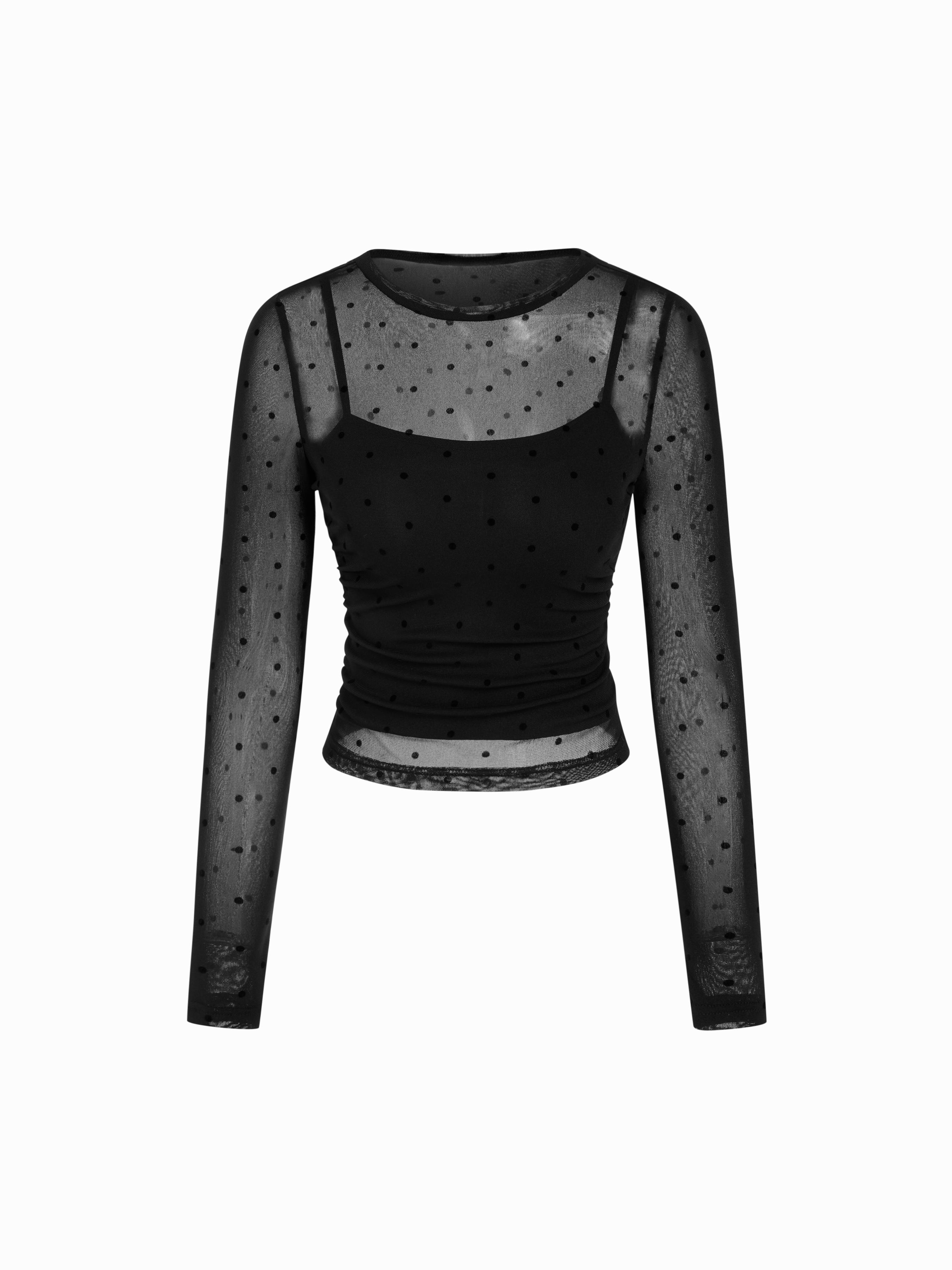 Two-piece Mesh Boat Neck Polka Dot Top & Solid Cami Top by CIDER