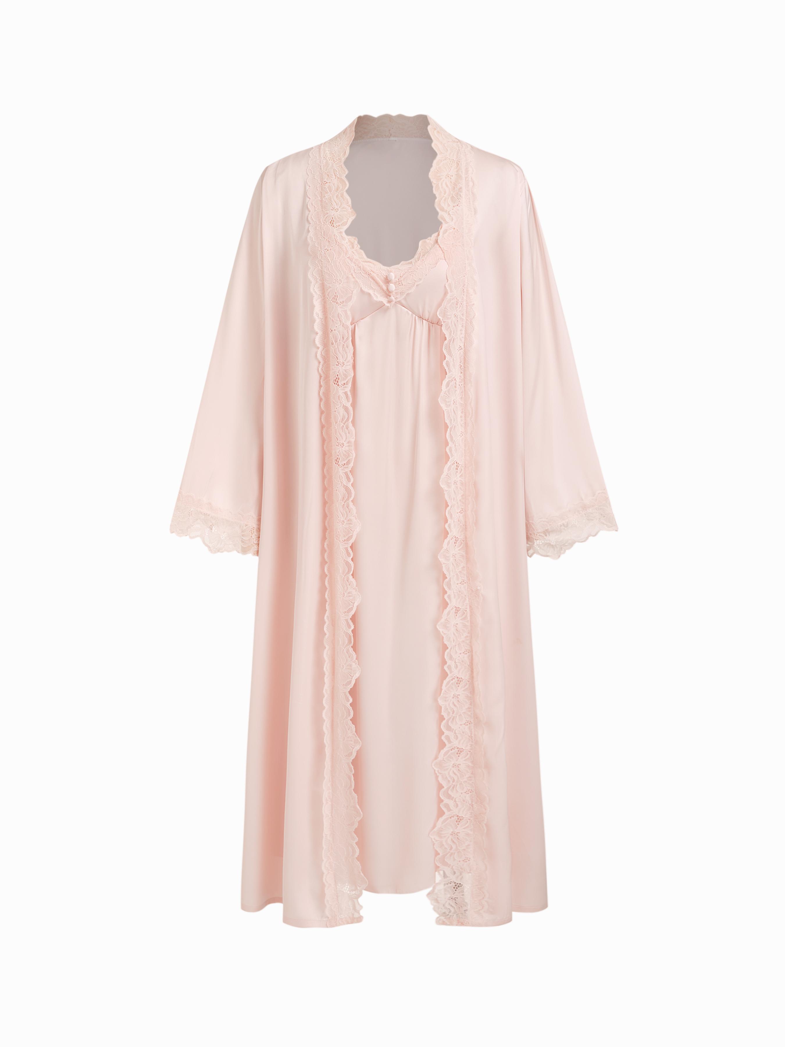 Two-piece Satin V-neck Maxi Nightdress & Lace Lettuce Trim Robe With Belt by CIDER