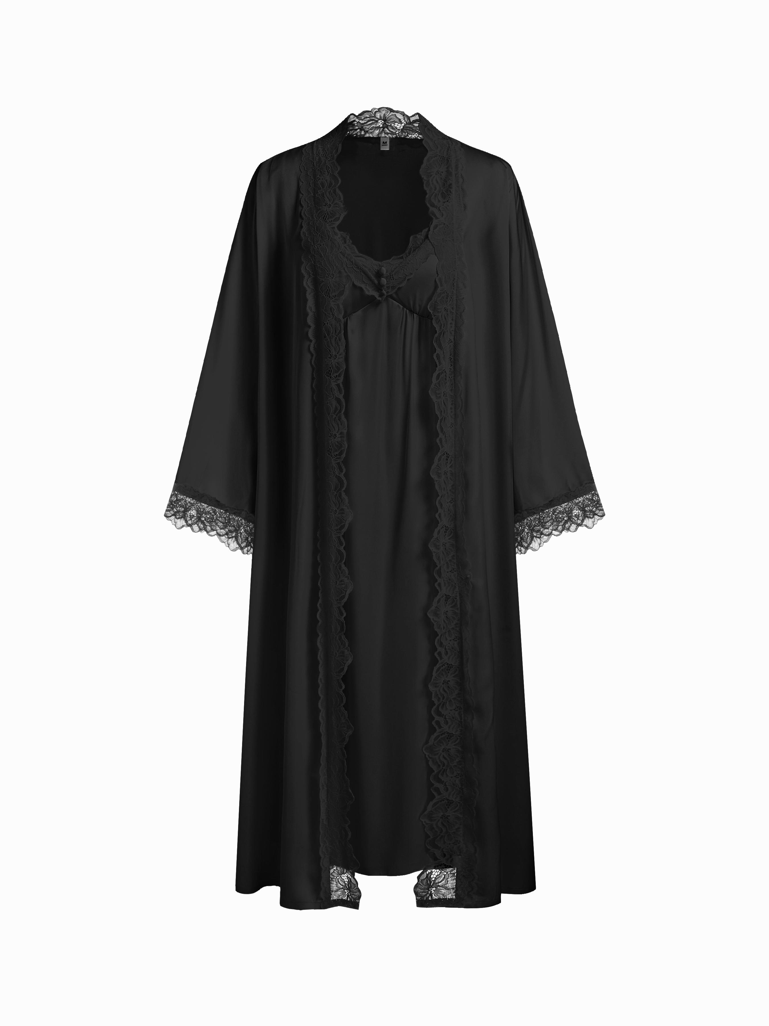 Two-piece Satin V-neck Maxi Nightdress & Lace Lettuce Trim Robe With Belt by CIDER