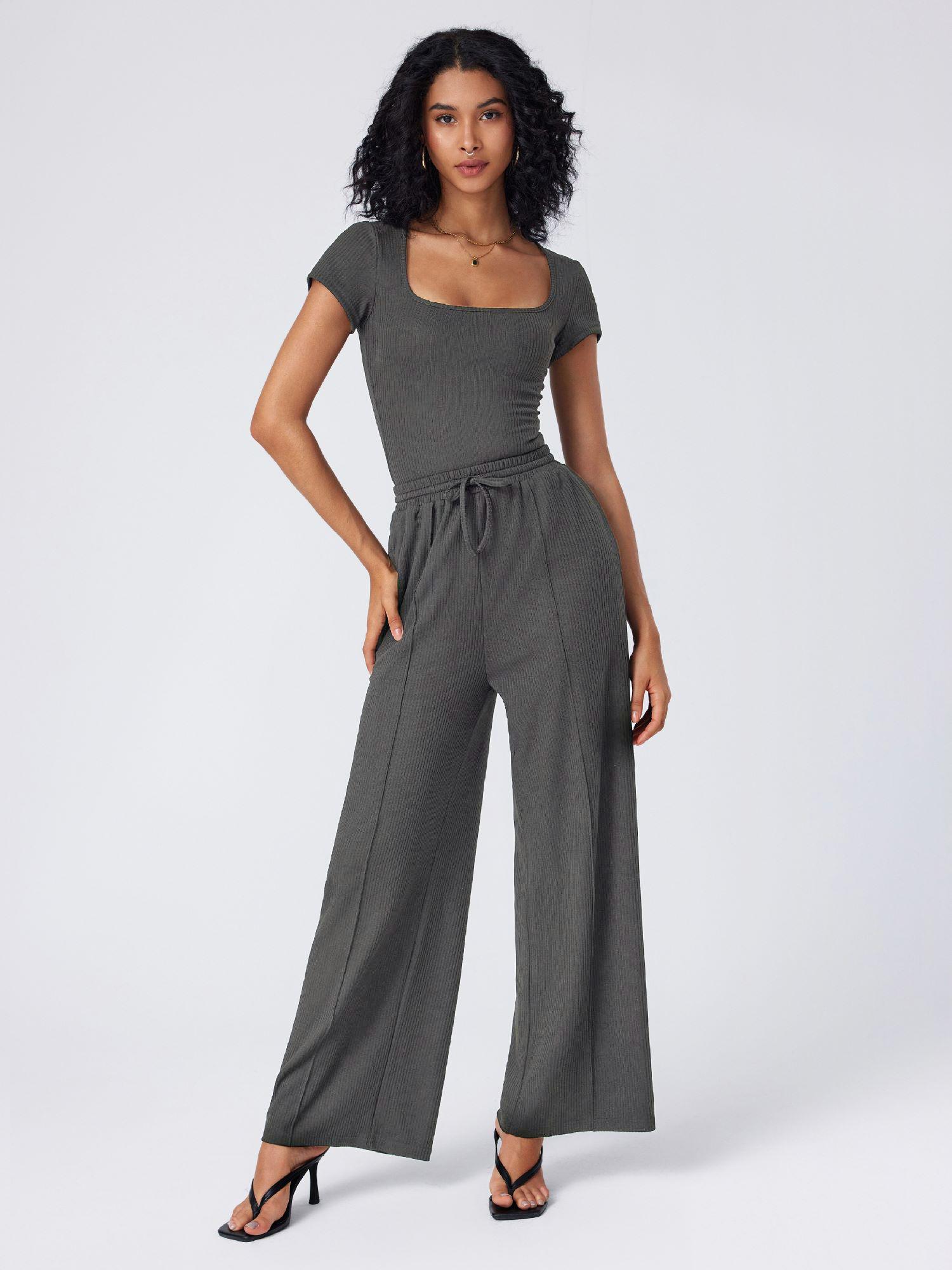 U-neckline Bodysuit & Elastic Waist Wide Leg Pants Set by CIDER