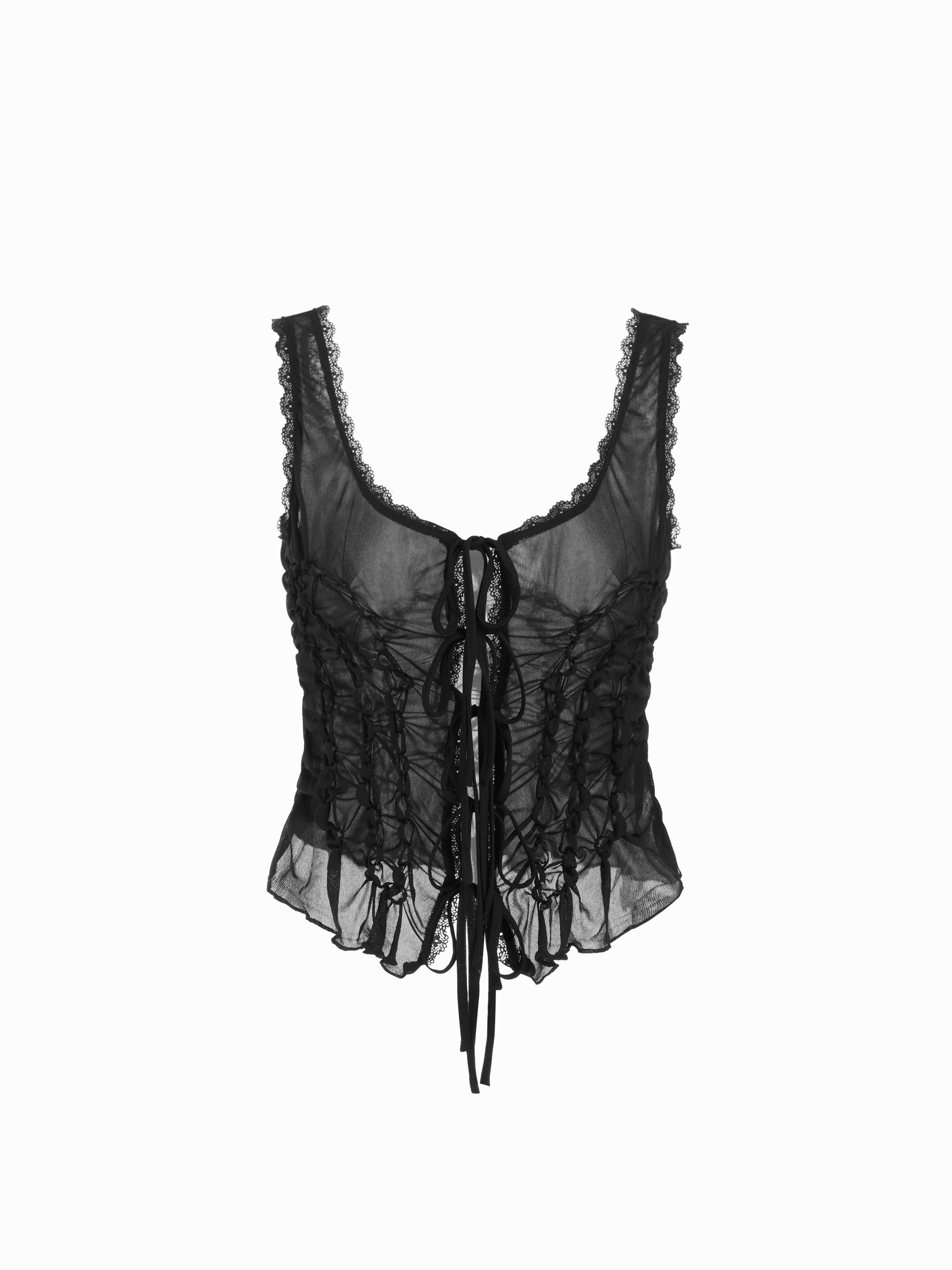 U-neckline Bowknot Lace Tie Front Ruched Tank Top by CIDER