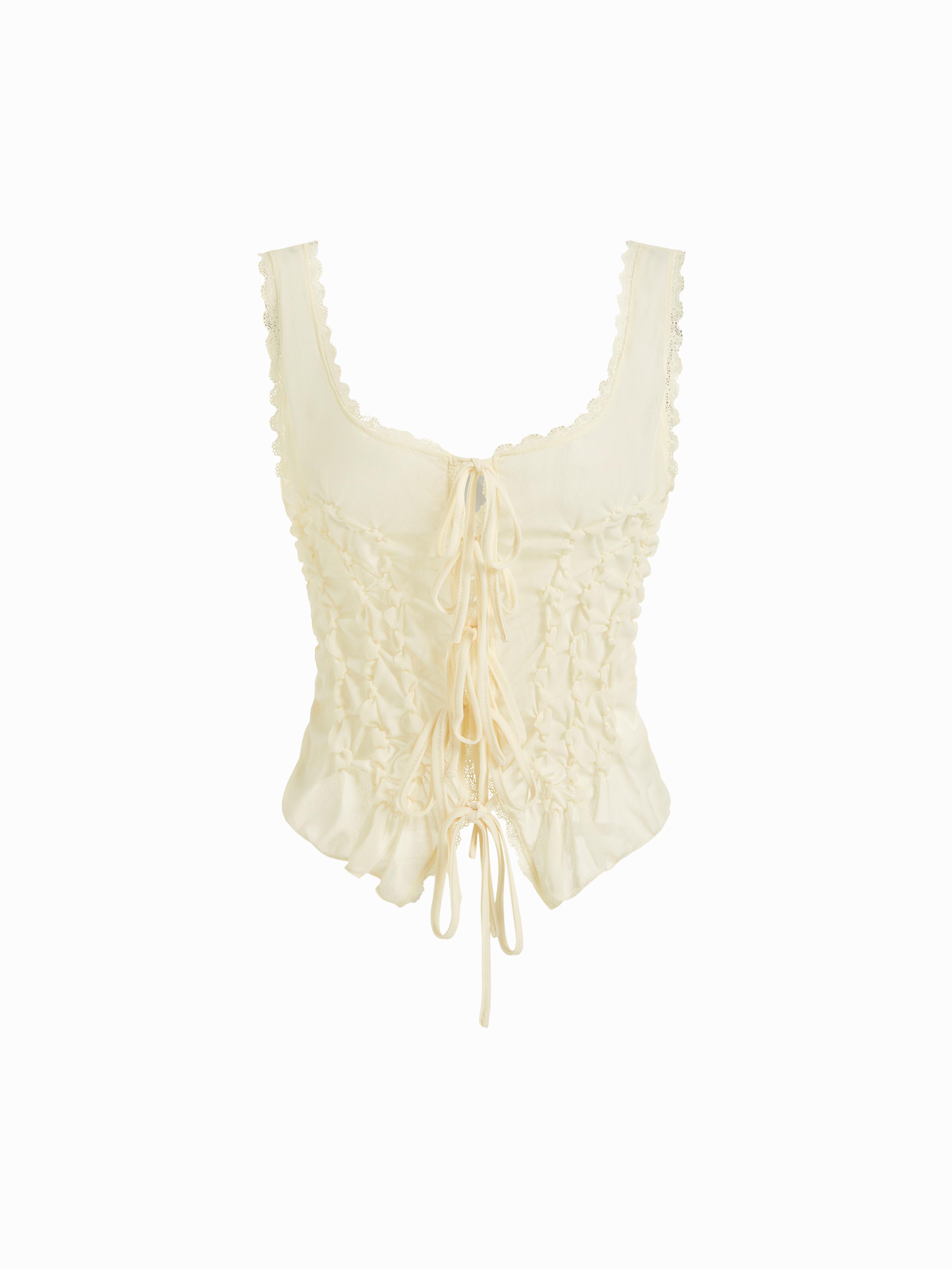 U-neckline Bowknot Lace Tie Front Ruched Tank Top by CIDER
