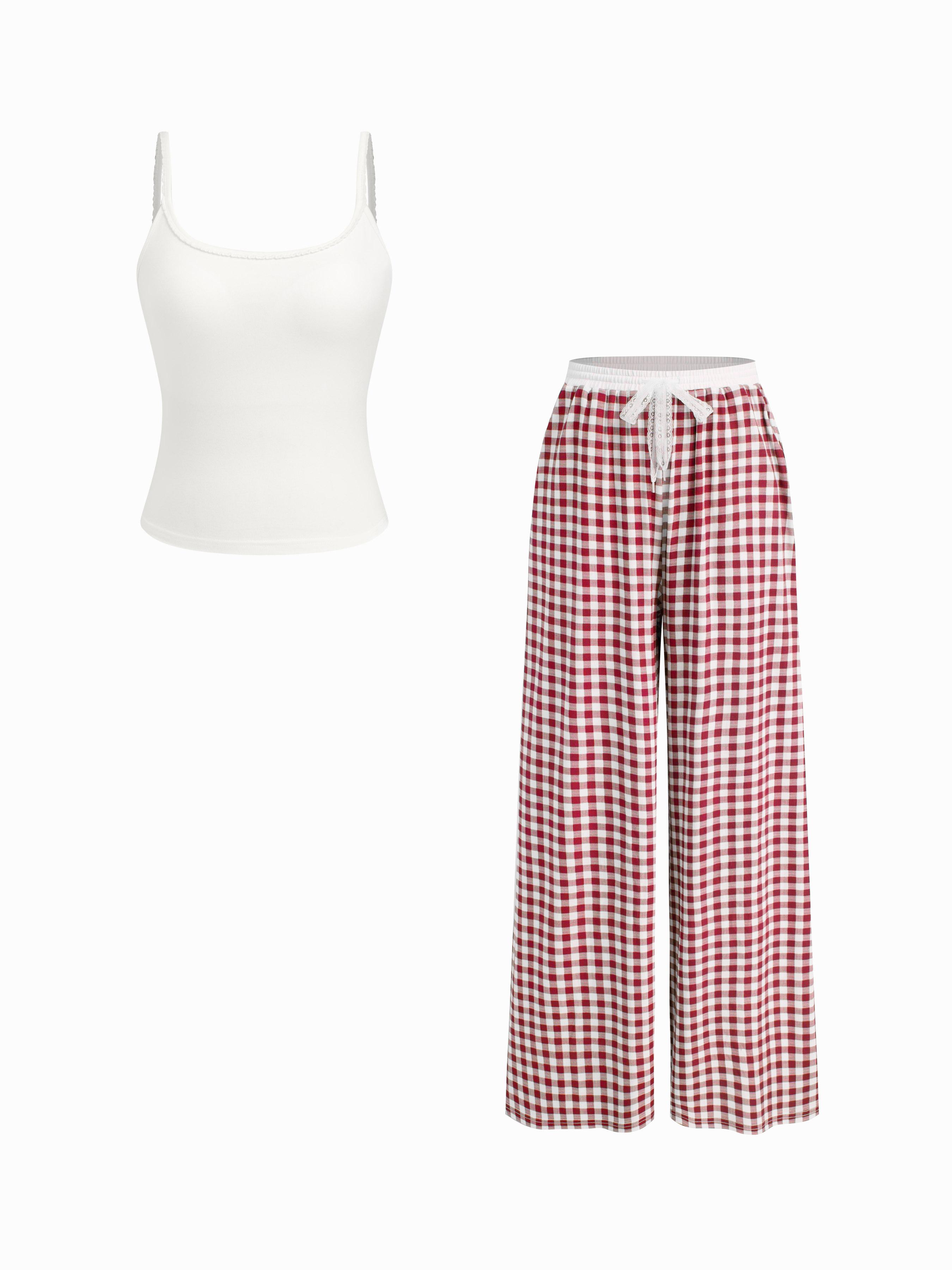 U-neckline Cami Top & Mid Rise Gingham Lace Drawstring Wide Leg Trousers Loungewear Set by CIDER U-neckline Cami Top & Mid Rise Gingham Lace Drawstring Wide Leg Trousers Loungewear Set by CIDER
