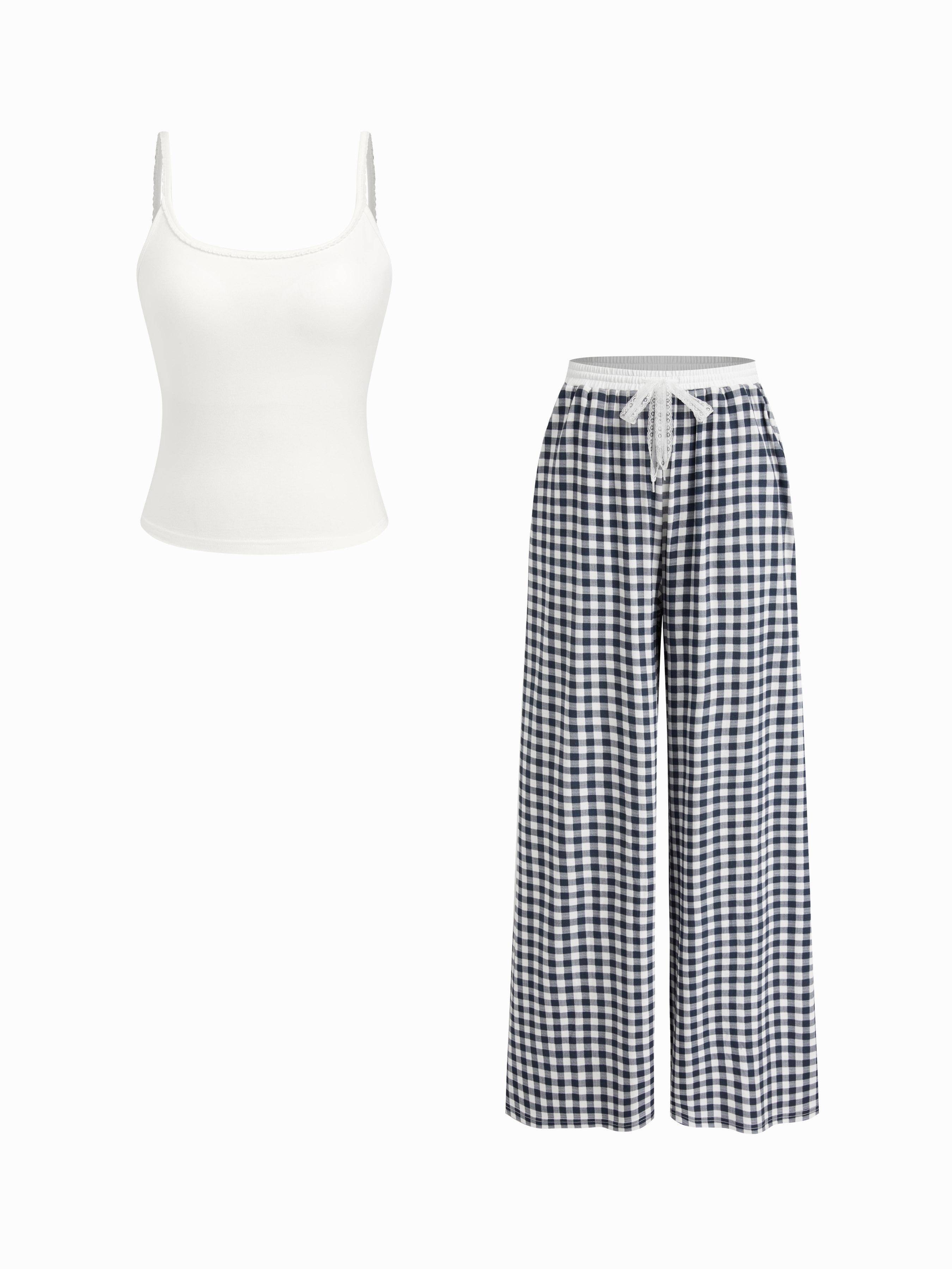 U-neckline Cami Top & Mid Rise Gingham Lace Drawstring Wide Leg Trousers Loungewear Set by CIDER