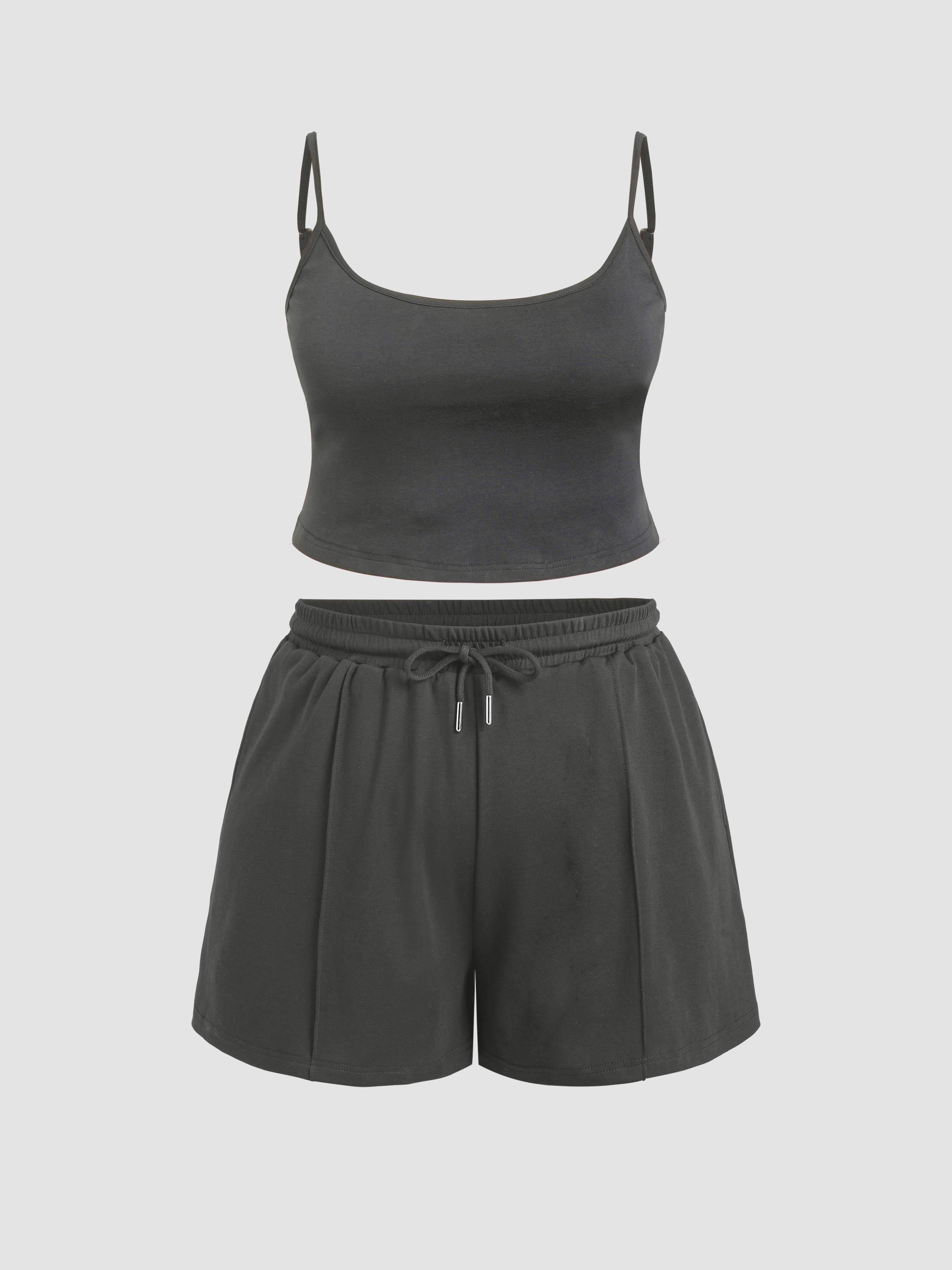 U-neckline Crop Cami Top & Drawstring Wide Leg Shorts Set Curve & Plus by CIDER