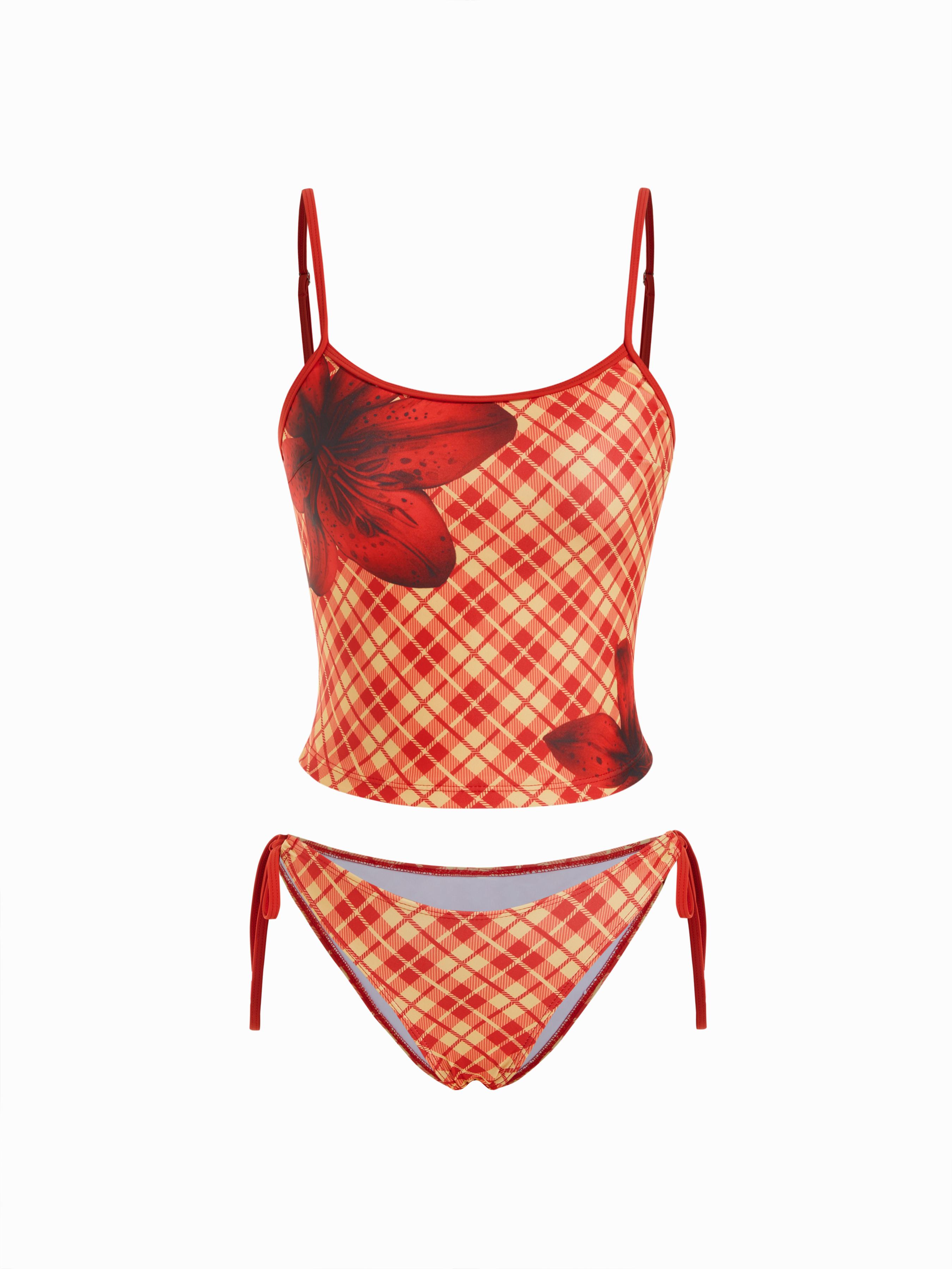 U-neckline Floral Contrasting Binding Tankini Tie Side Bikini Set by CIDER