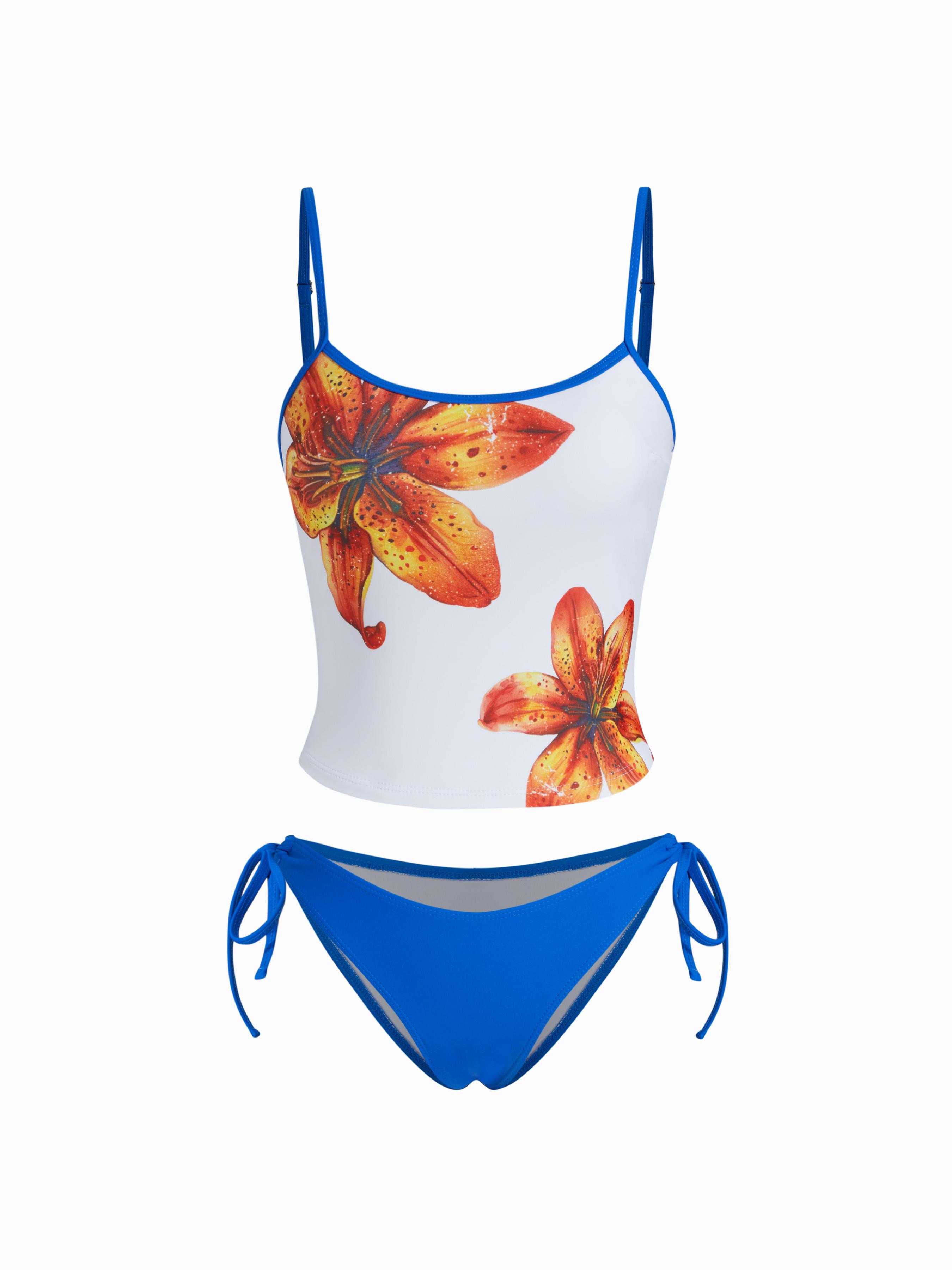 U-neckline Floral Contrasting Binding Tankini Tie Side Bikini Set by CIDER
