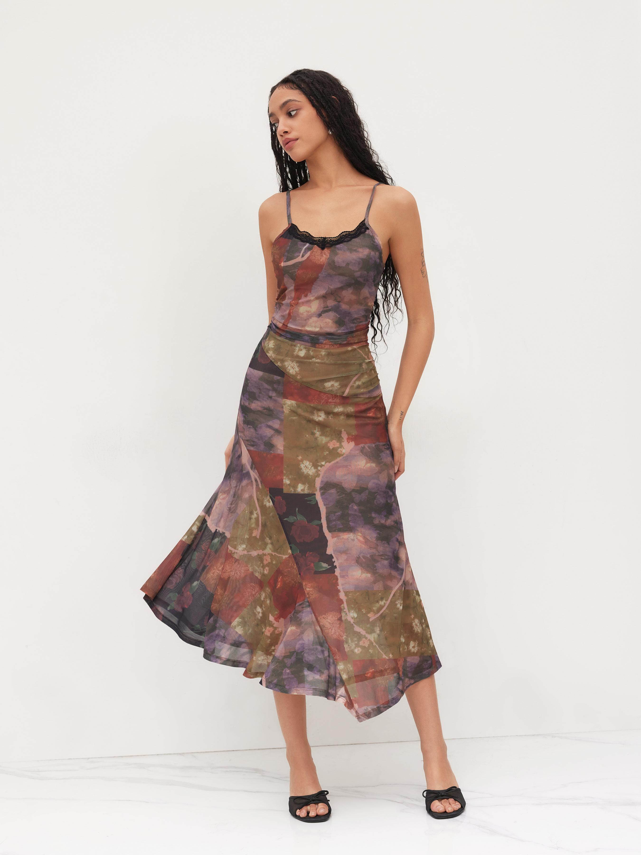 U-neckline Floral Patchy Lace Trim Asymmetrical Hem Midi Dress by CIDER