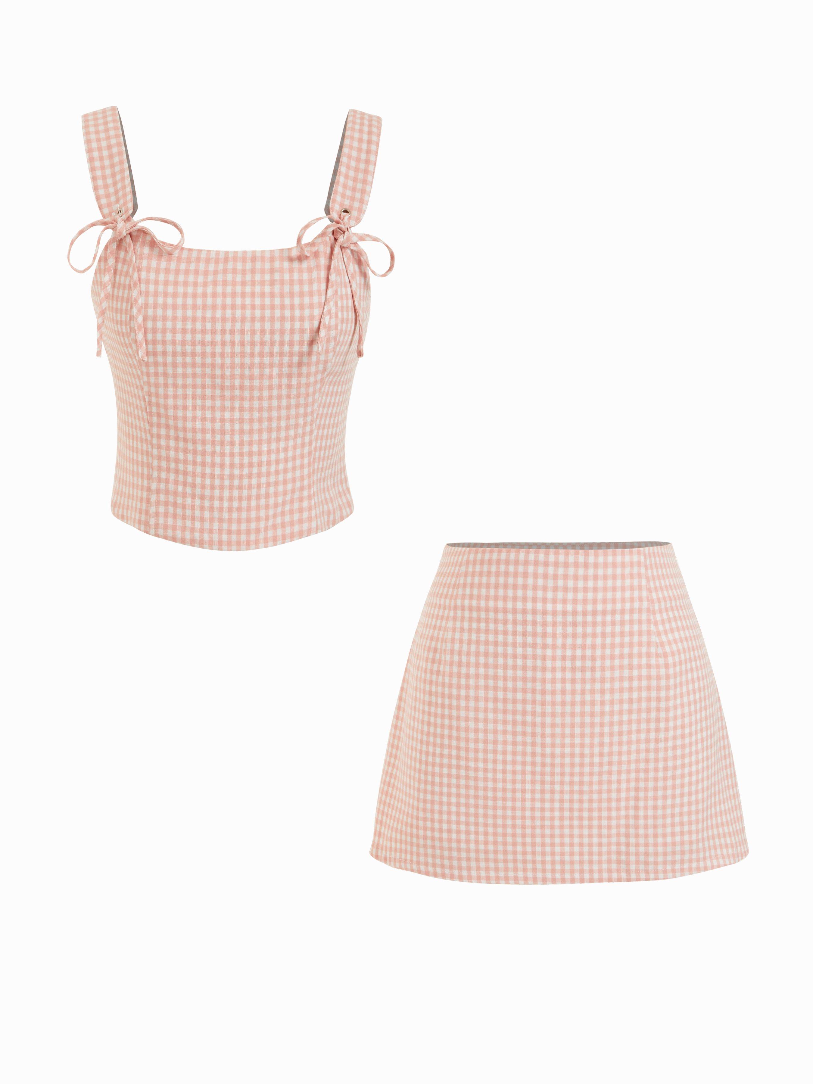 U-neckline Gingham Bowknot Crop Tank Top & Low Rise Mini Skirt Set by CIDER