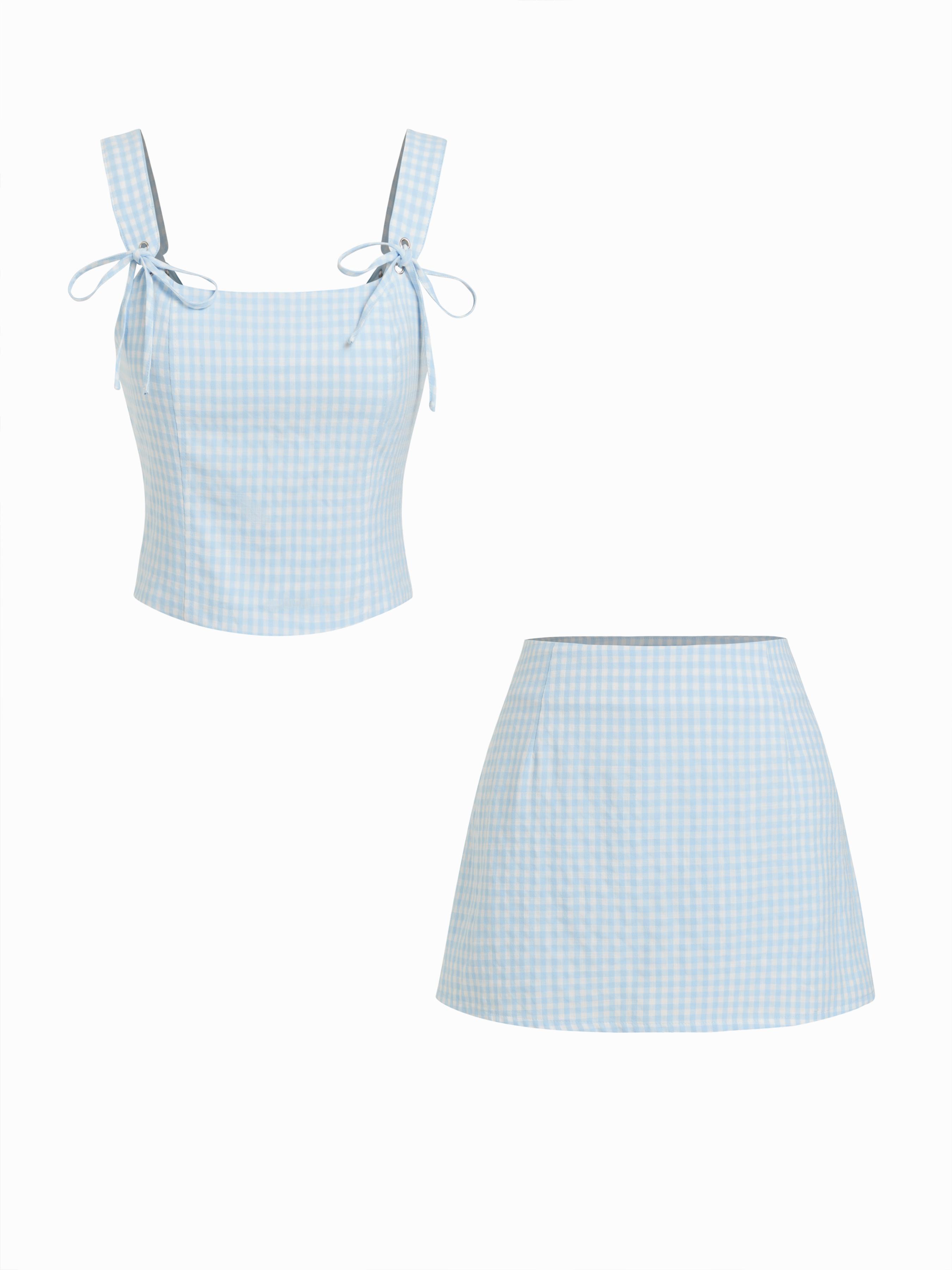U-neckline Gingham Bowknot Crop Tank Top & Low Rise Mini Skirt Set by CIDER