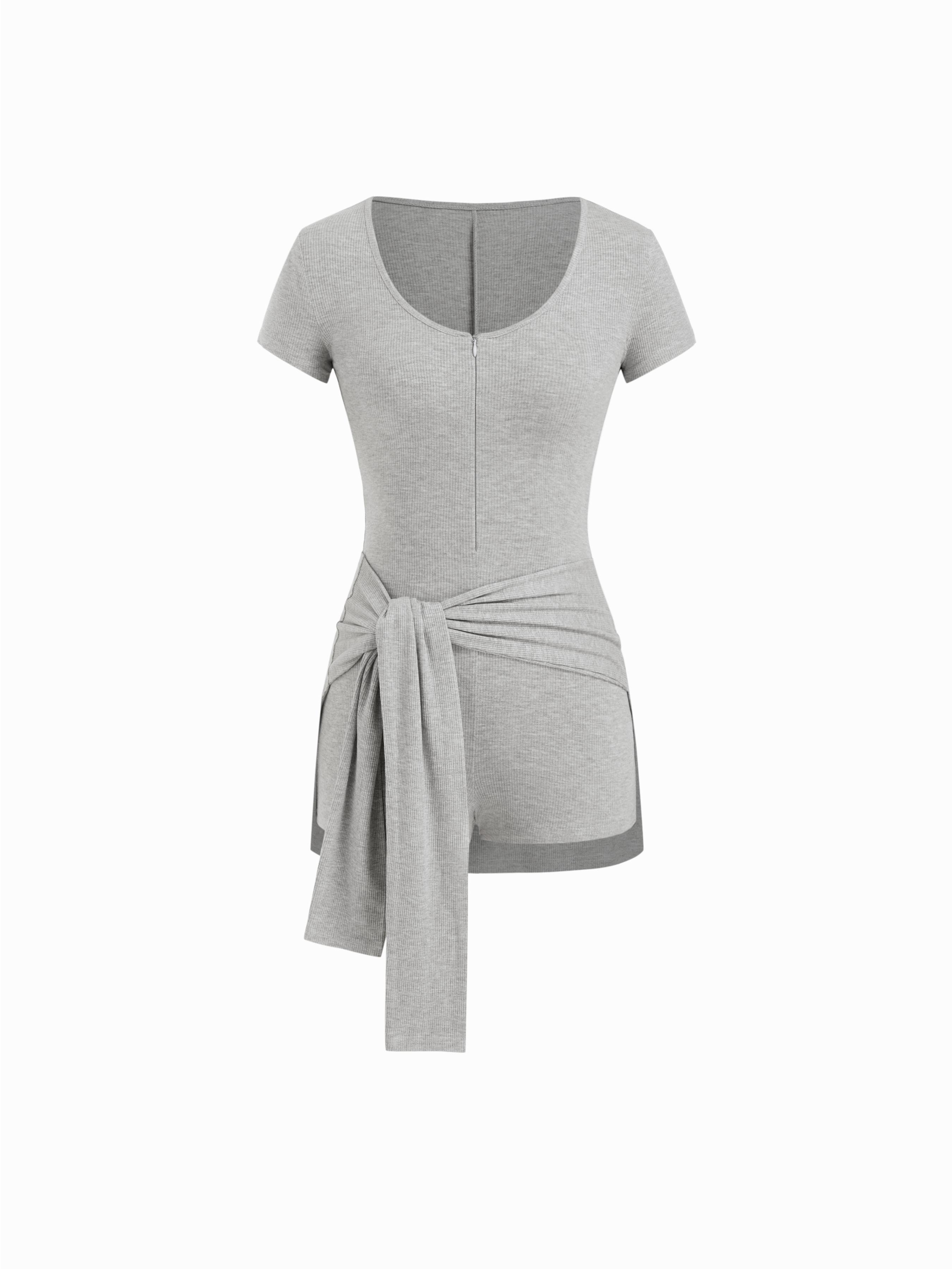 U-neckline Half Zip Knotted Romper by CIDER