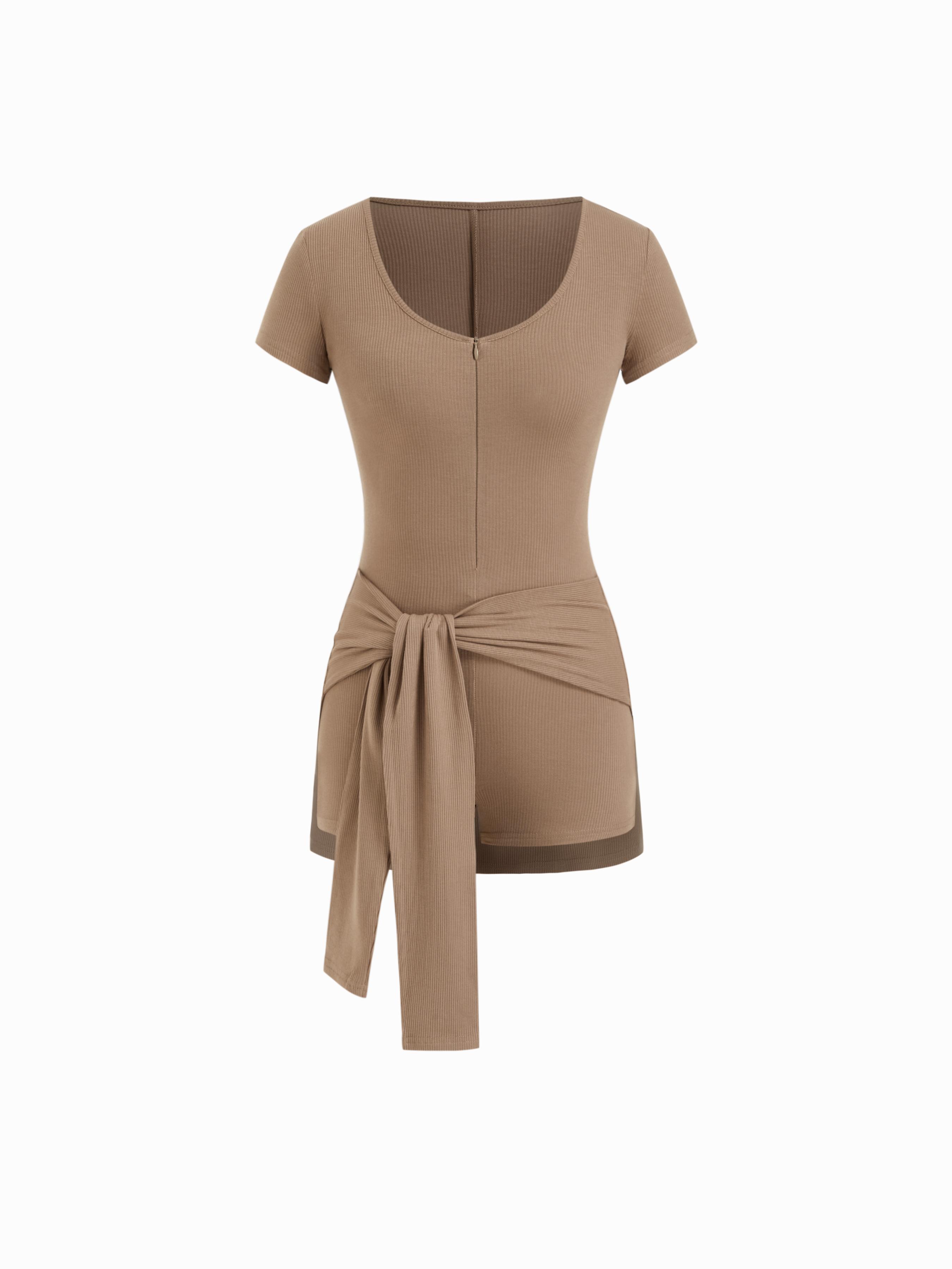 U-neckline Half Zip Knotted Romper by CIDER
