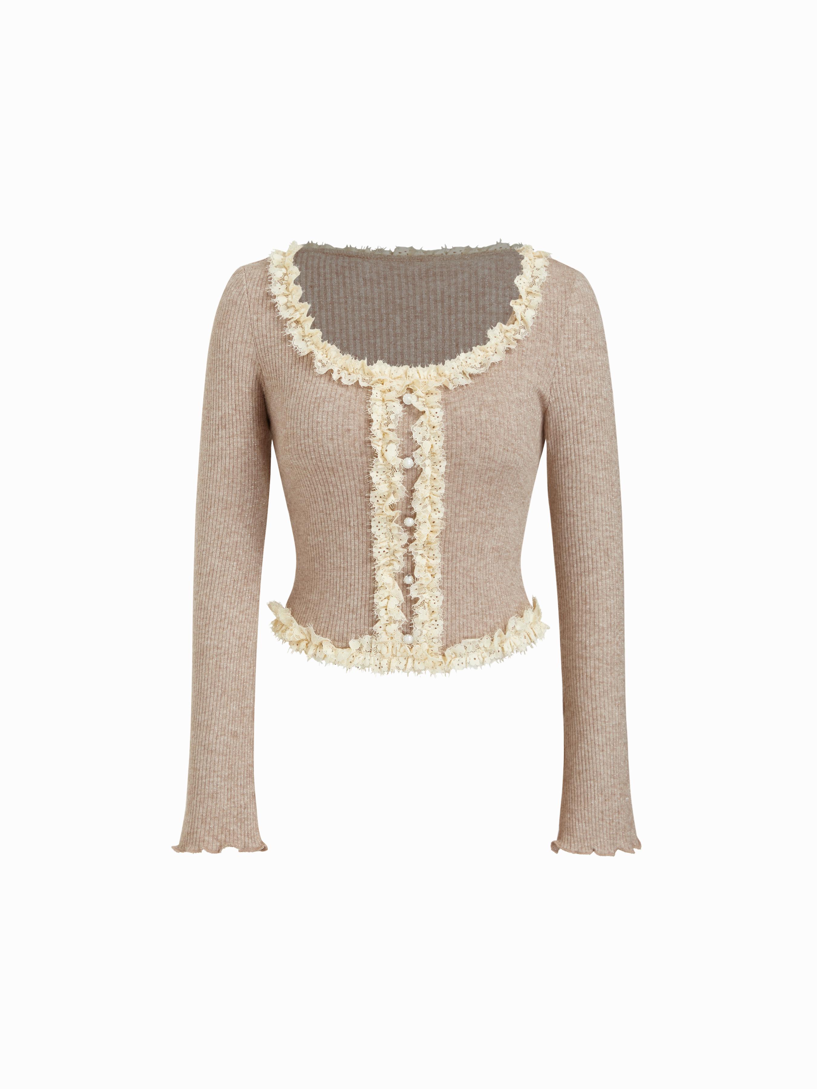 U-neckline Lace Trim Long Sleeve Top by CIDER