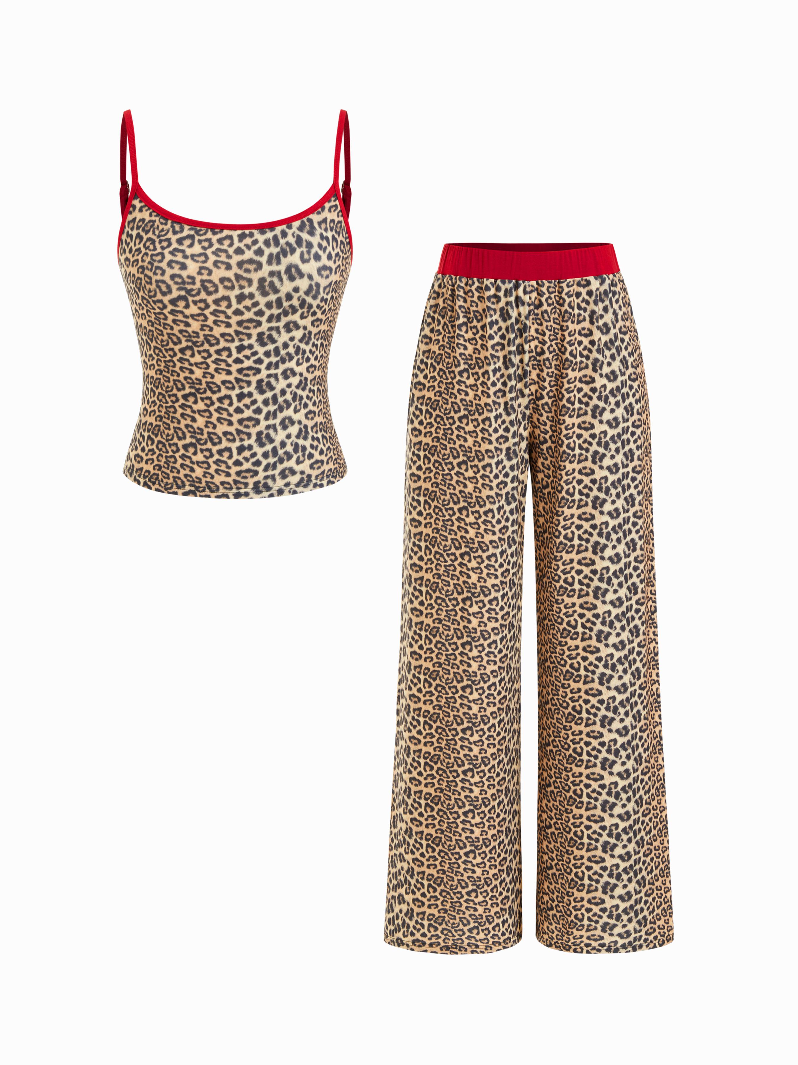 U-neckline Leopard Print Cami Top & Mid Rise Elastic Waist Wide Leg Trousers Loungewear Set by CIDER