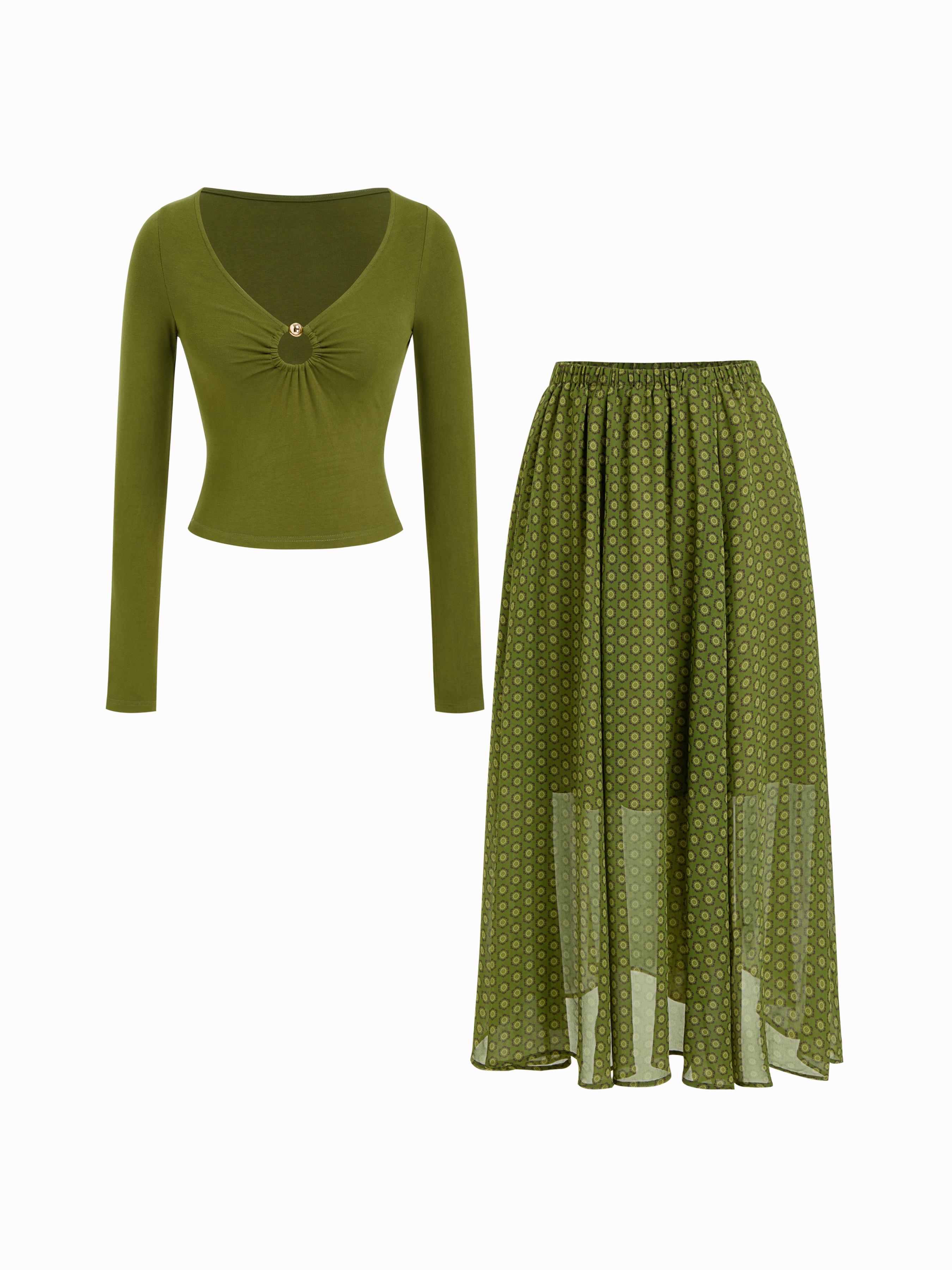 U-neckline Pierced O-Ring Crop Top & Mid Rise Geometric Skirt Set by CIDER