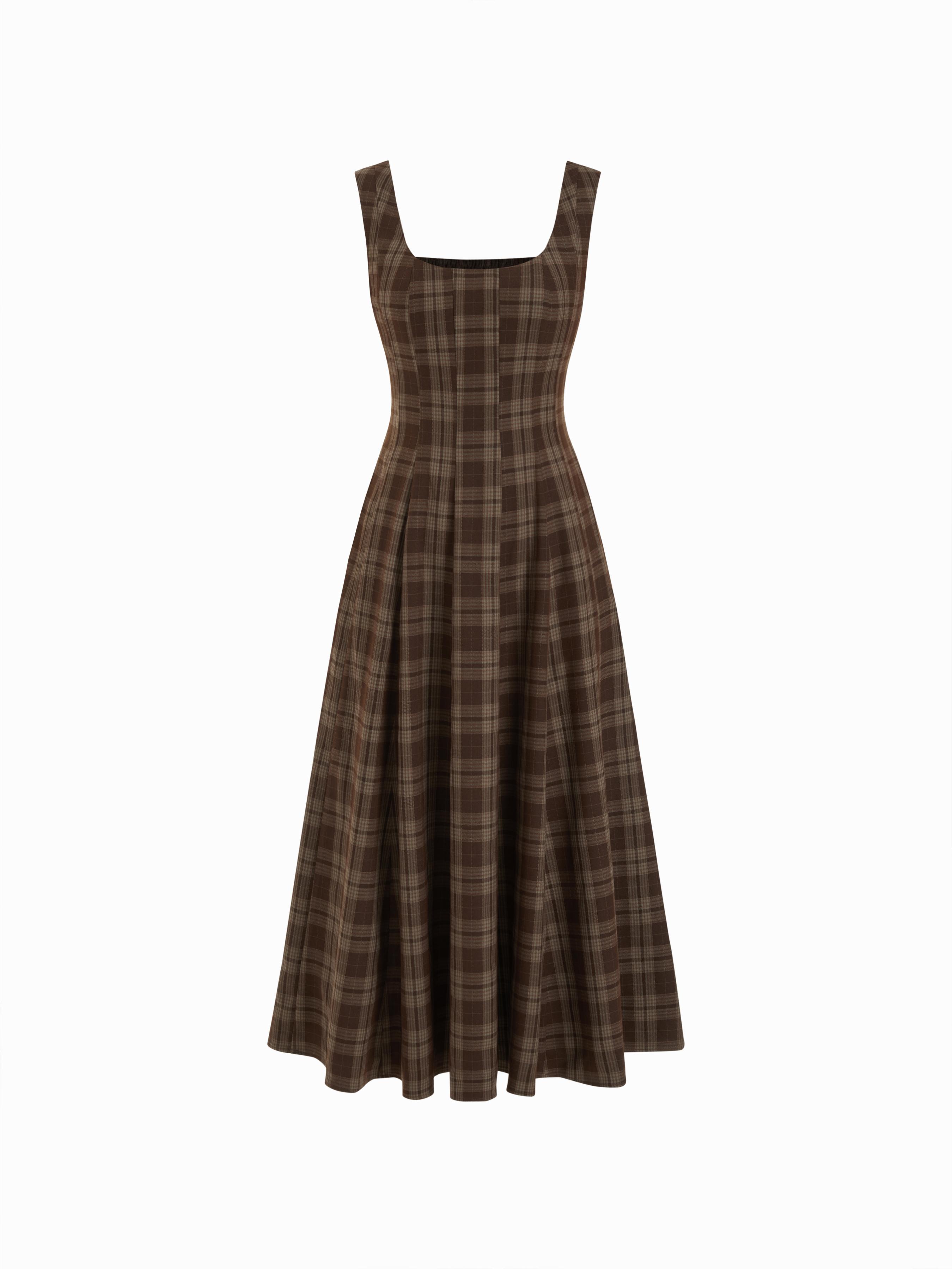 U-neckline Plaid Shirred Pocket Ruffle Midi Dress by CIDER
