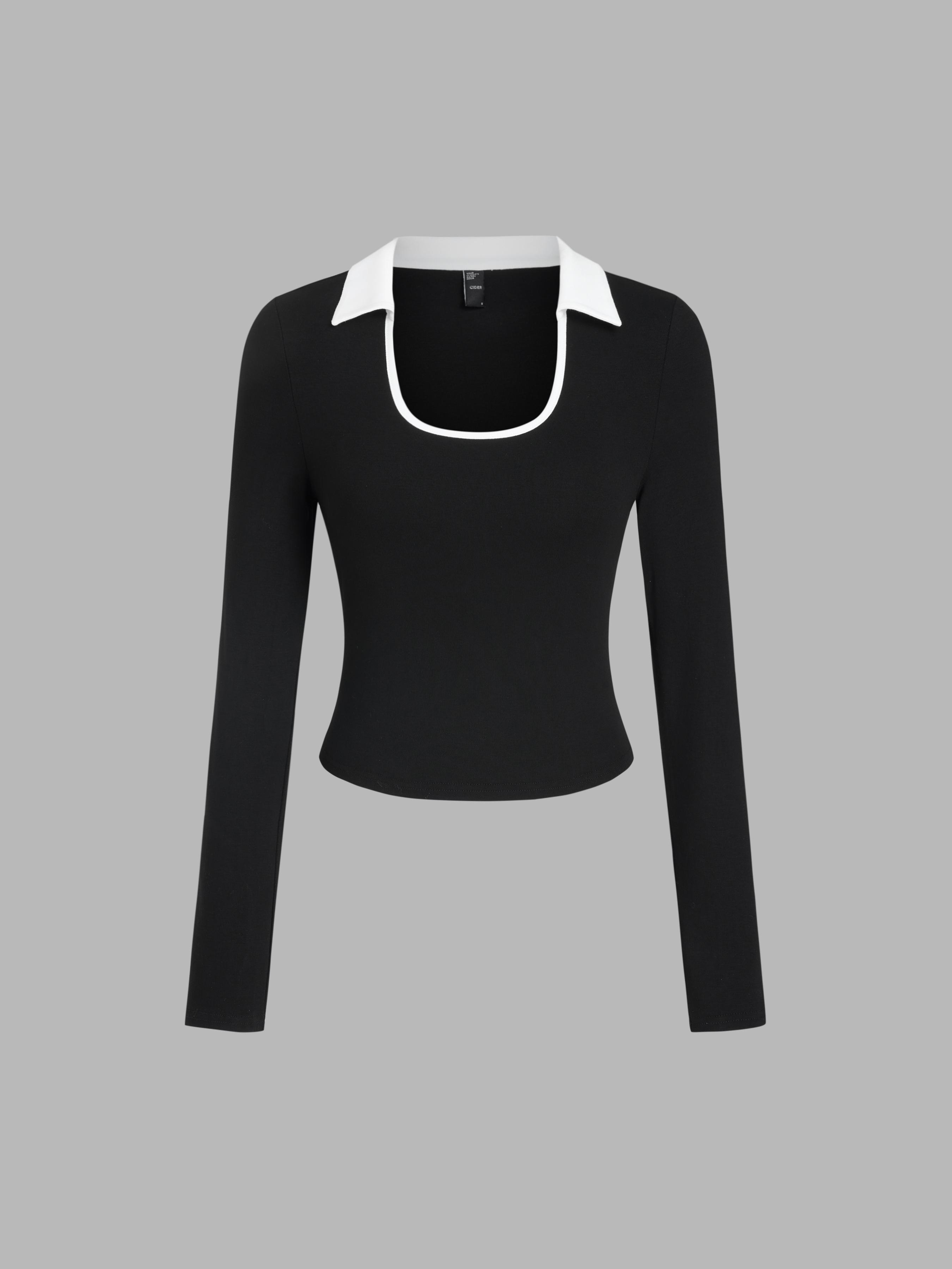 U-neckline Solid Contrasting Binding Long Sleeve Tee by CIDER