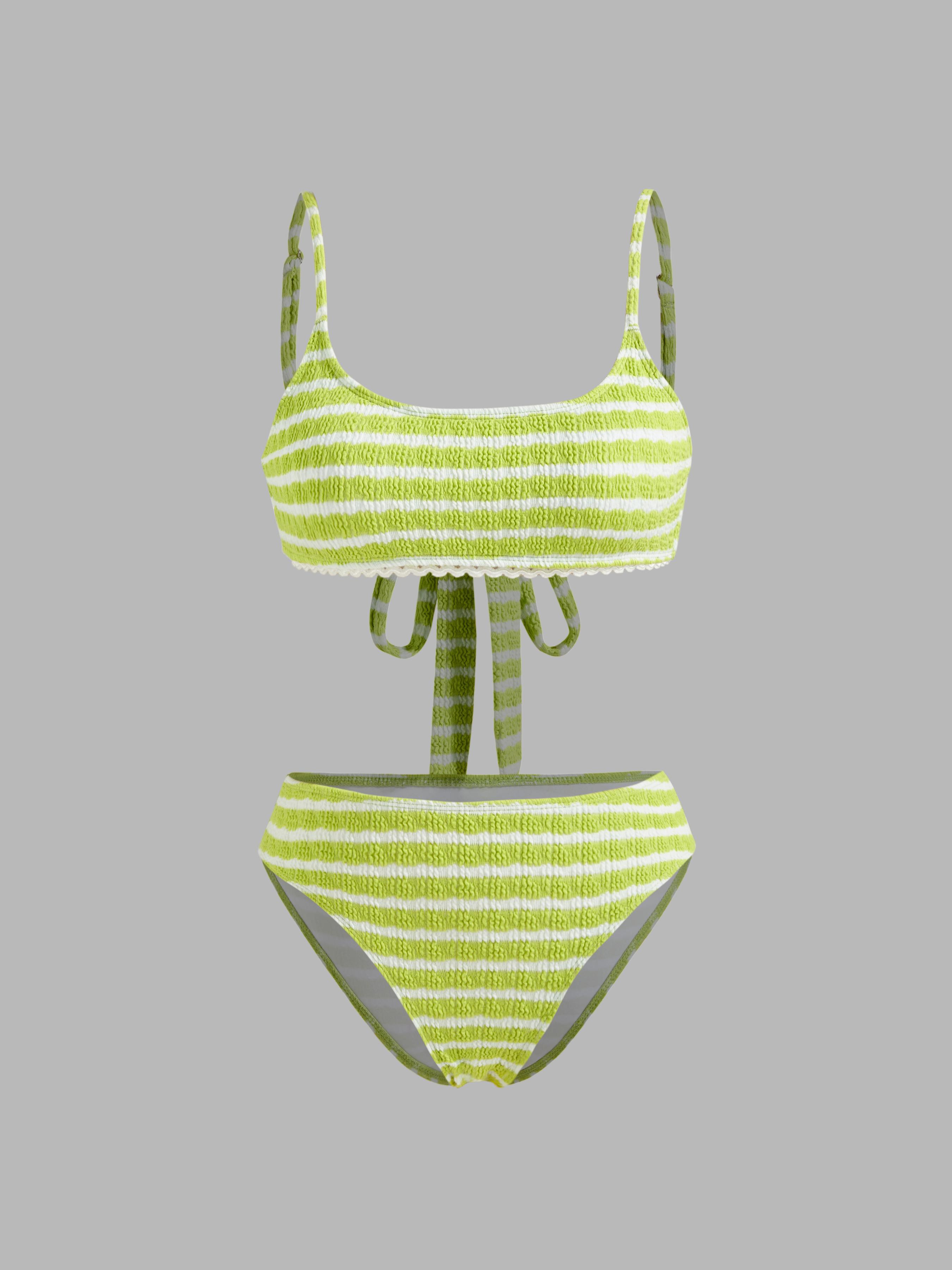 U-neckline Striped Texture Bikini Swimsuit by CIDER