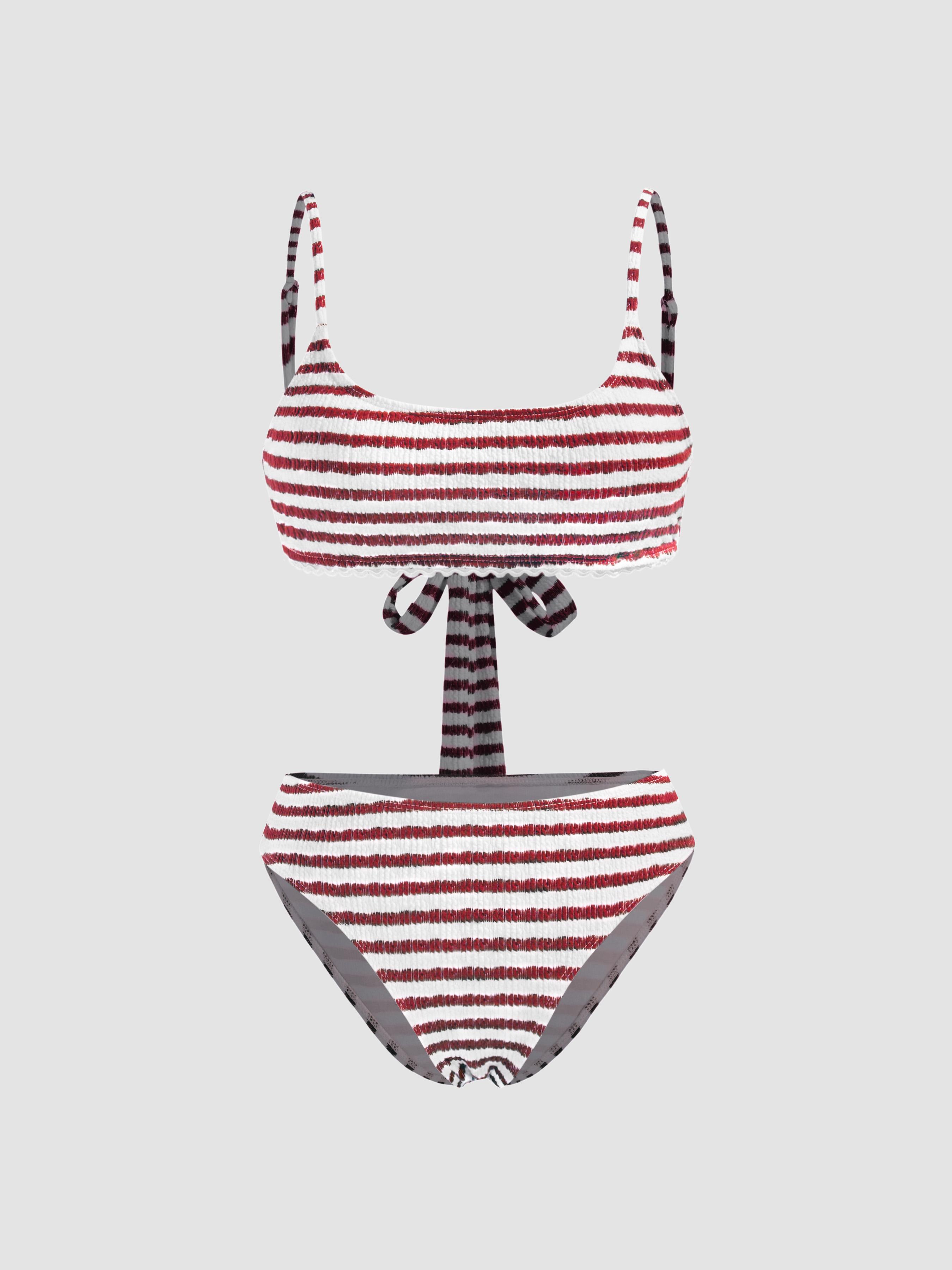 U-neckline Striped Texture Bikini Swimsuit by CIDER