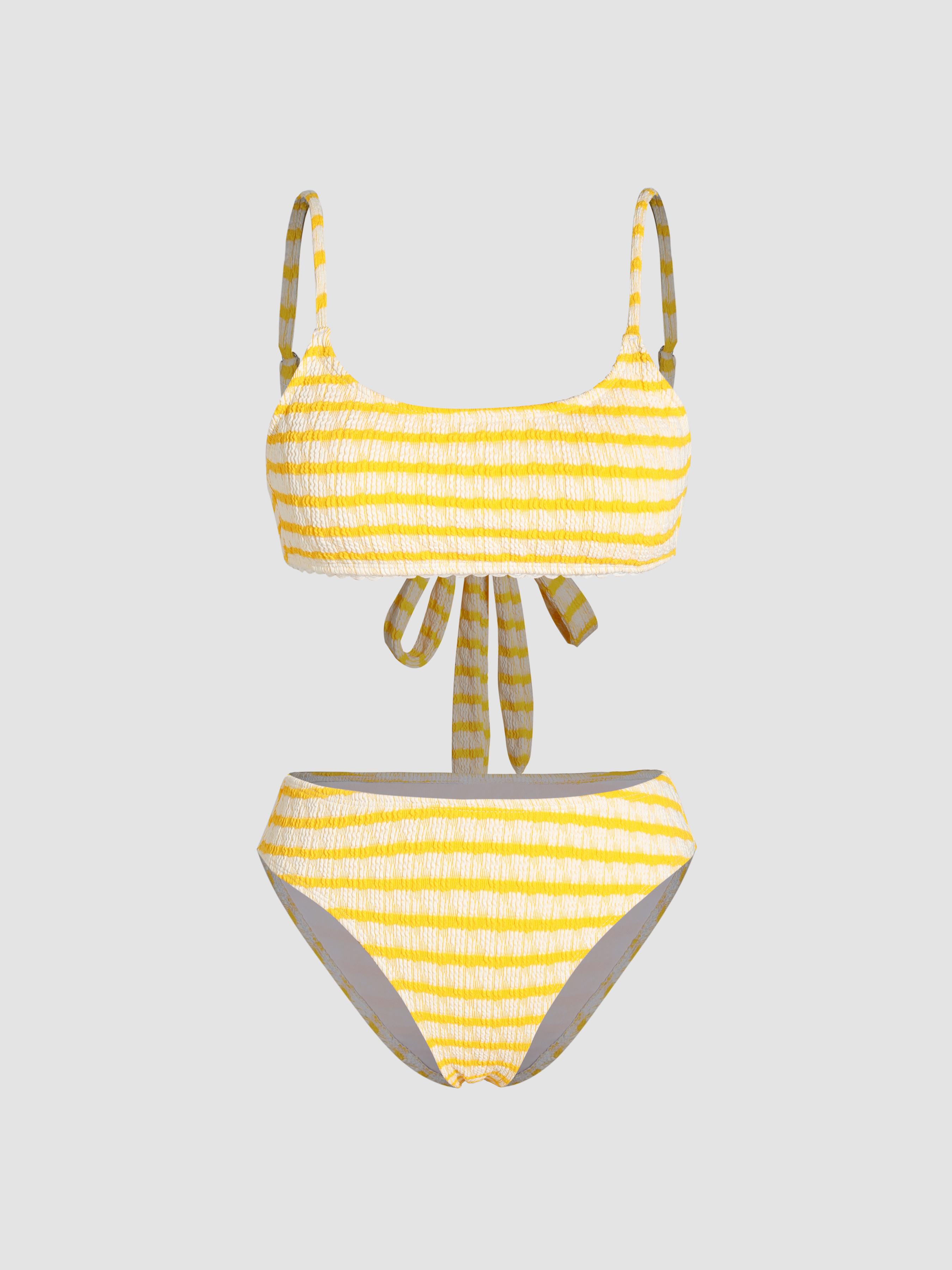 U-neckline Striped Texture Bikini Swimsuit by CIDER