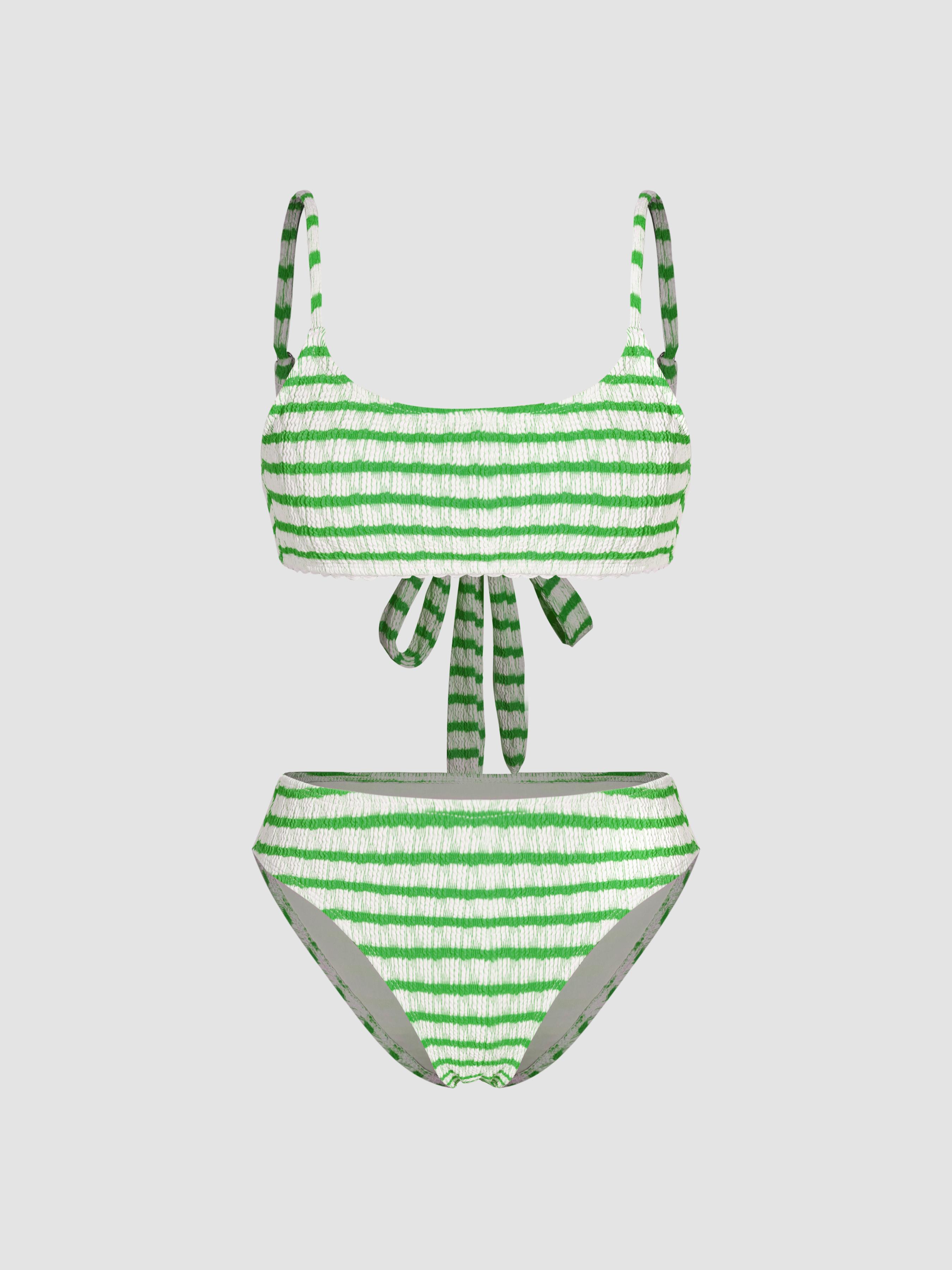 U-neckline Striped Texture Bikini Swimsuit by CIDER