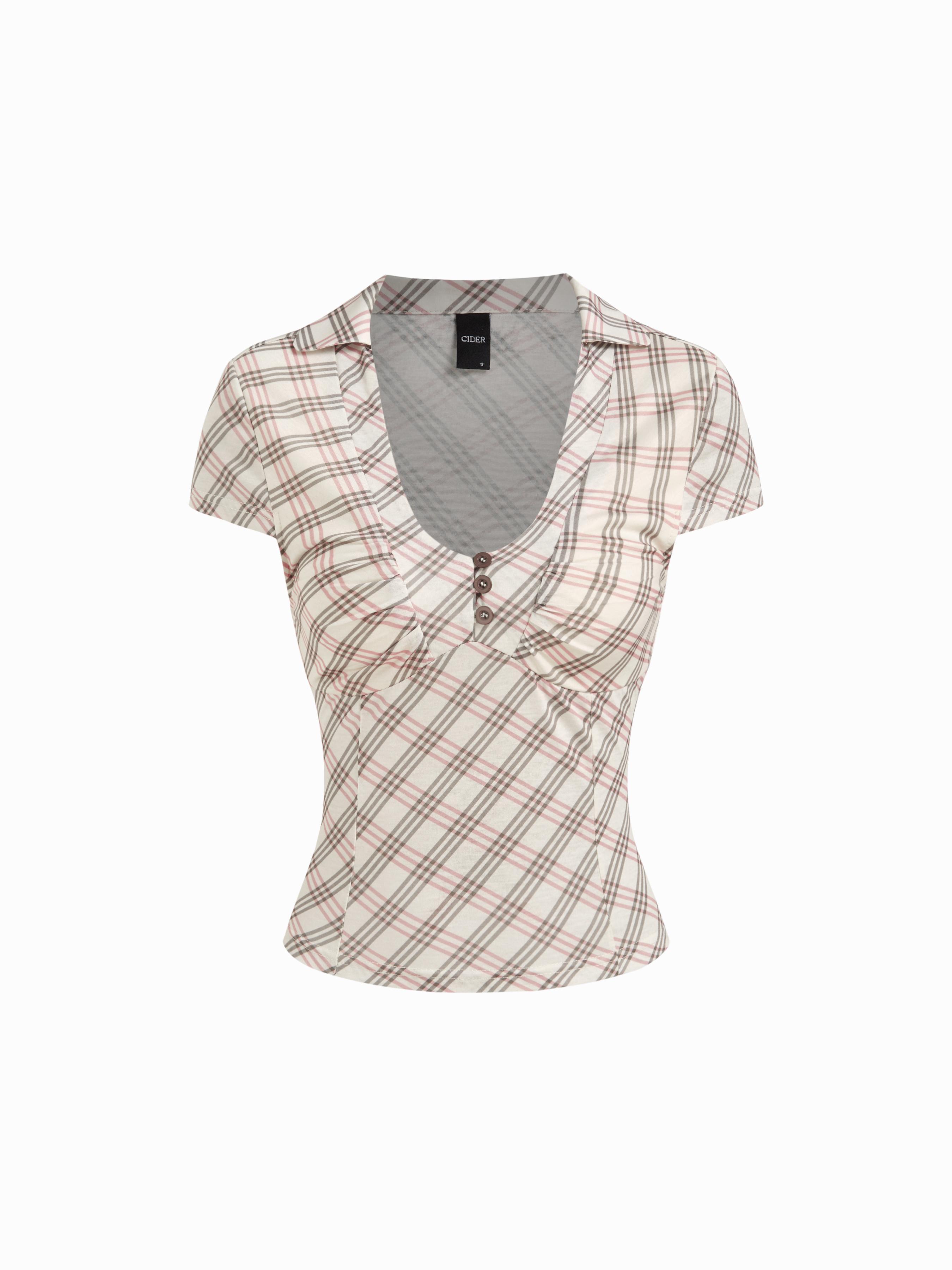 U-neckline Tartan Short Sleeve Top by CIDER